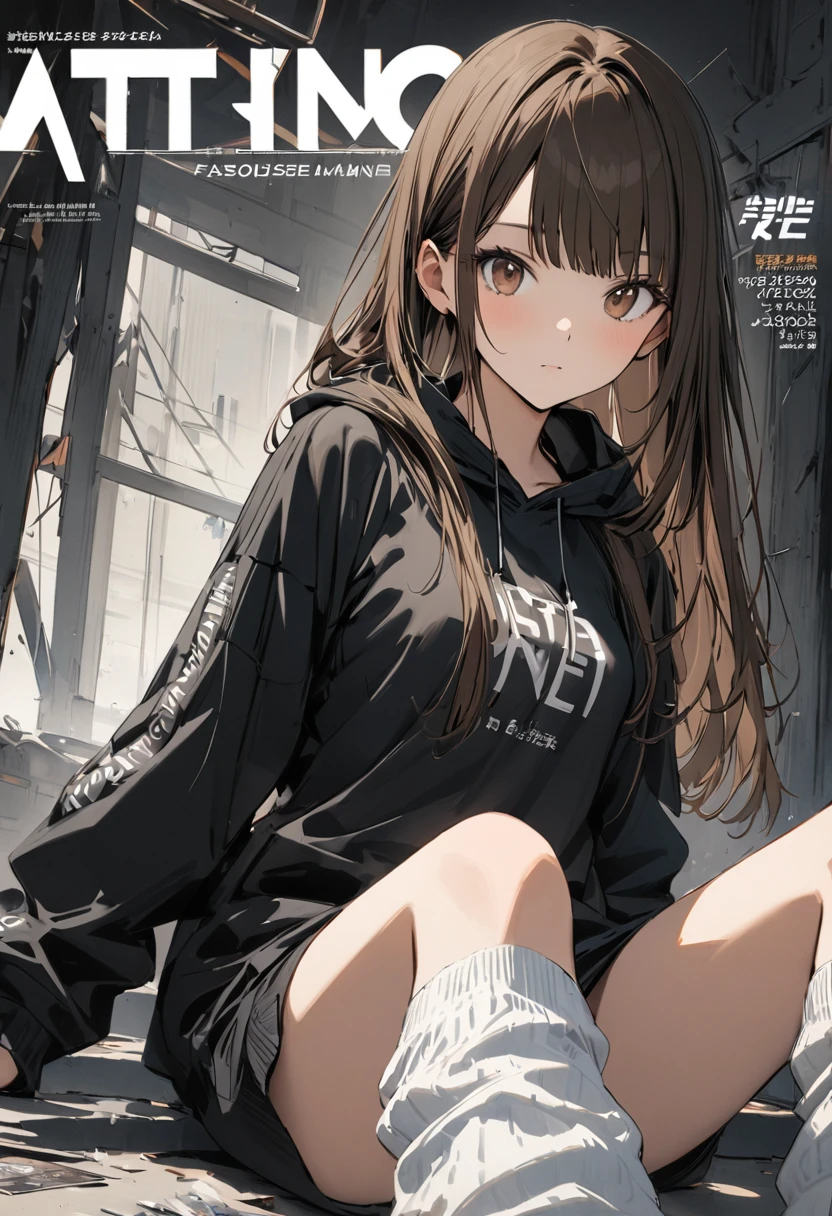 cover of a fashion magazine,(1girl,slim,small breasts,long brown straight hair,Side bangs,Slope_eye),(black hoodie,loose socks),break,conceptual art, masterpiece, Super Detail, Attention to detail, high quality, highest quality, High resolution