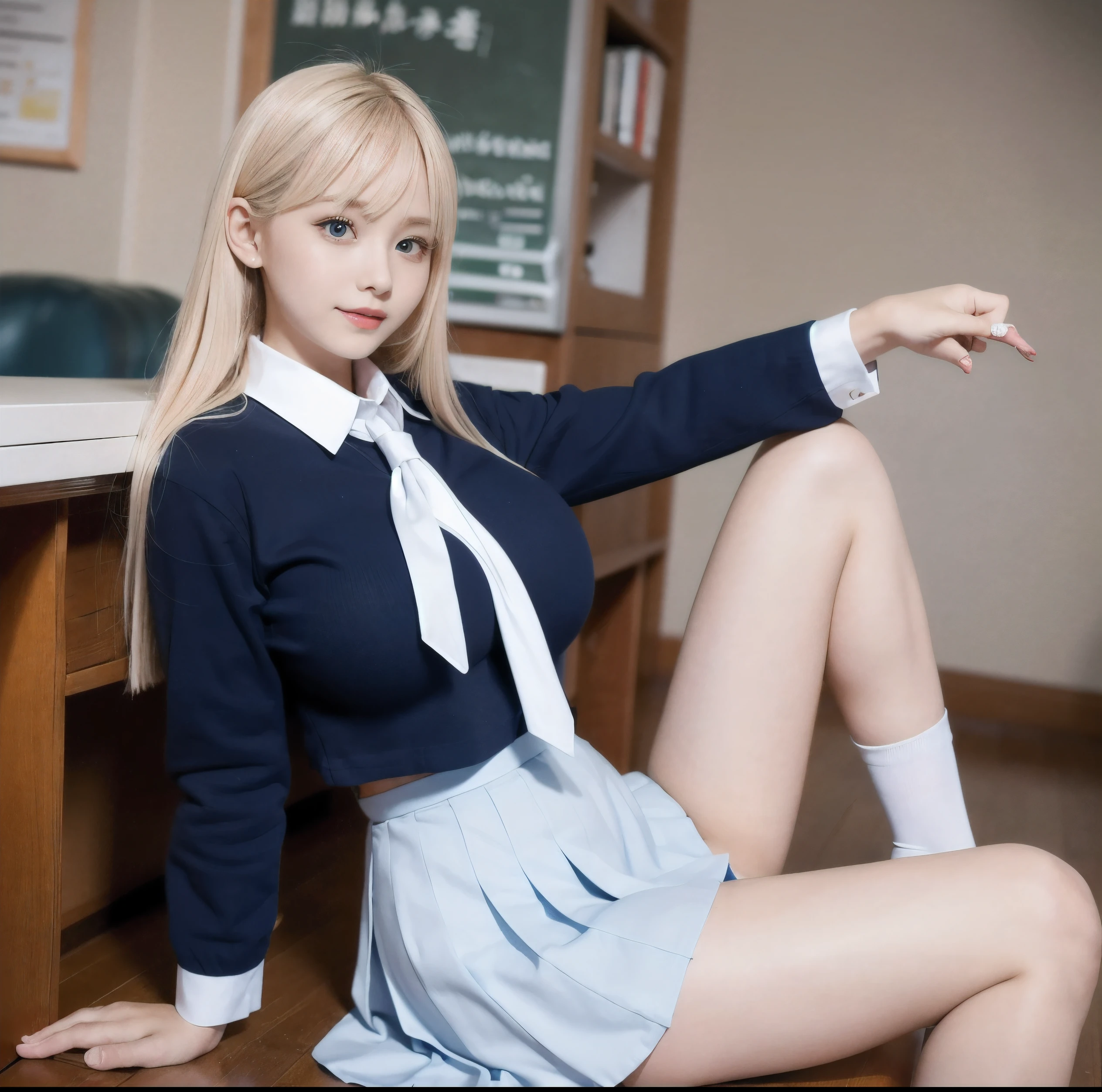 Realistic, Solo, Perfect Detail Face, Detailed Blue Eyes, Very Detailed, Blushing, Hair Ornament, Chignon Mahogany Hair, (white Hair ,Shikinami Asuka Langley, thin beautiful legs, large breasts, young face, pretty eyes, black background, school teacher uniform, thigh high socks, sexy pose