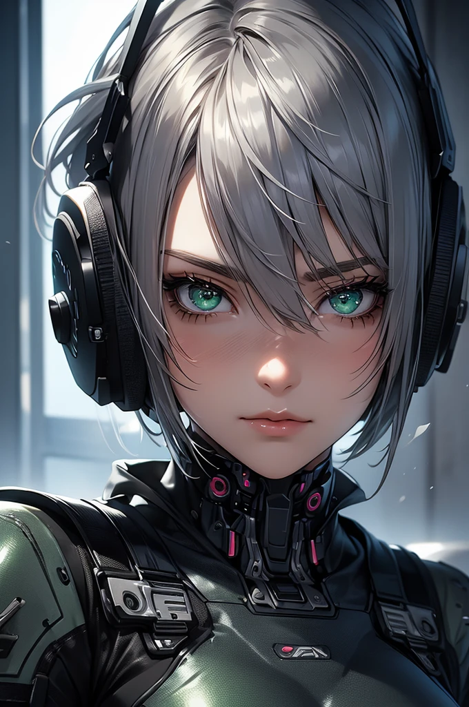 masterpiece,best quality,extremely detailed CG,ultra-detailed,beautiful detailed eyes,1girl,call of duty, aiming, guns,cyber pank,robot girl,skinny,short hair,silver hair,green eyes,black clothes,