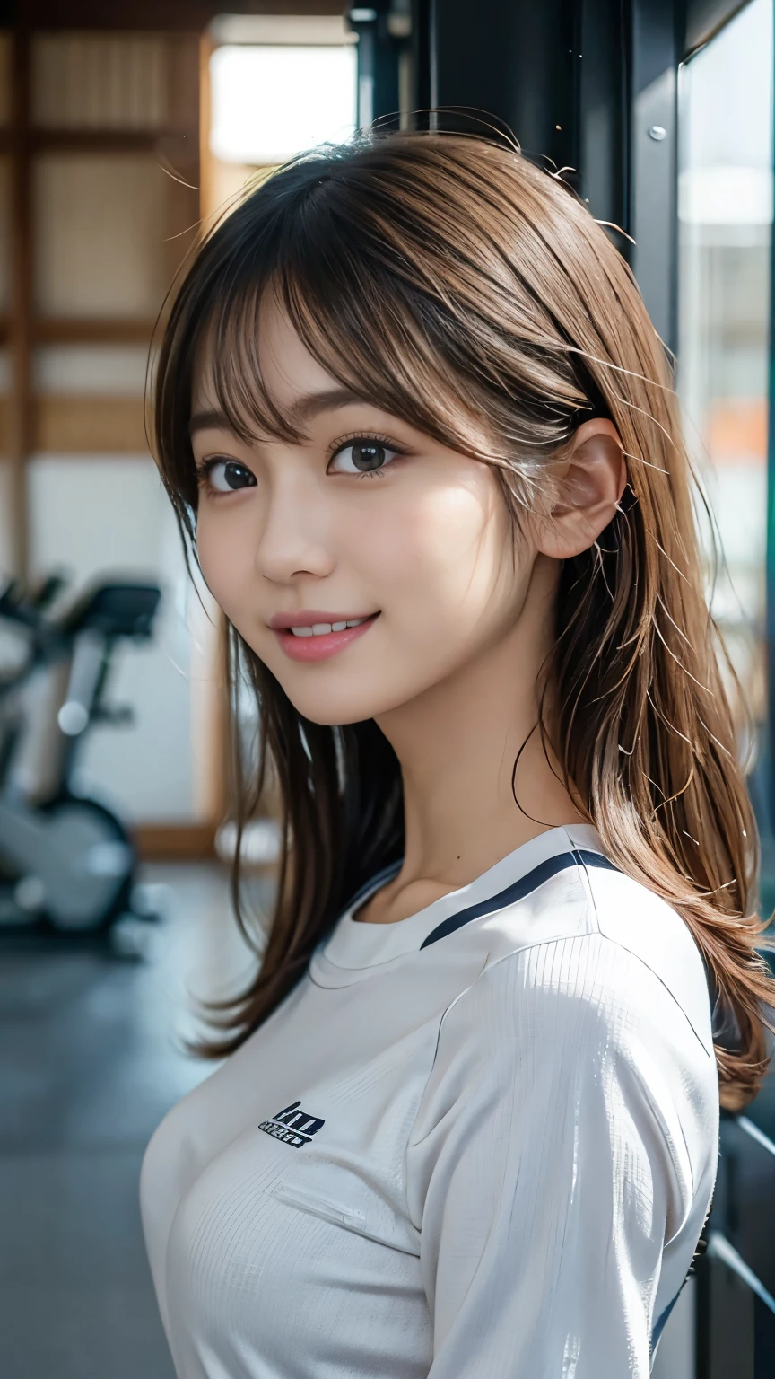 highres, ultra detailed, photorealistic, 1 beautiful japanese girl, highly detailed beautiful face, medium hair, light smile, training wear, standing, facing viewer, in the gym