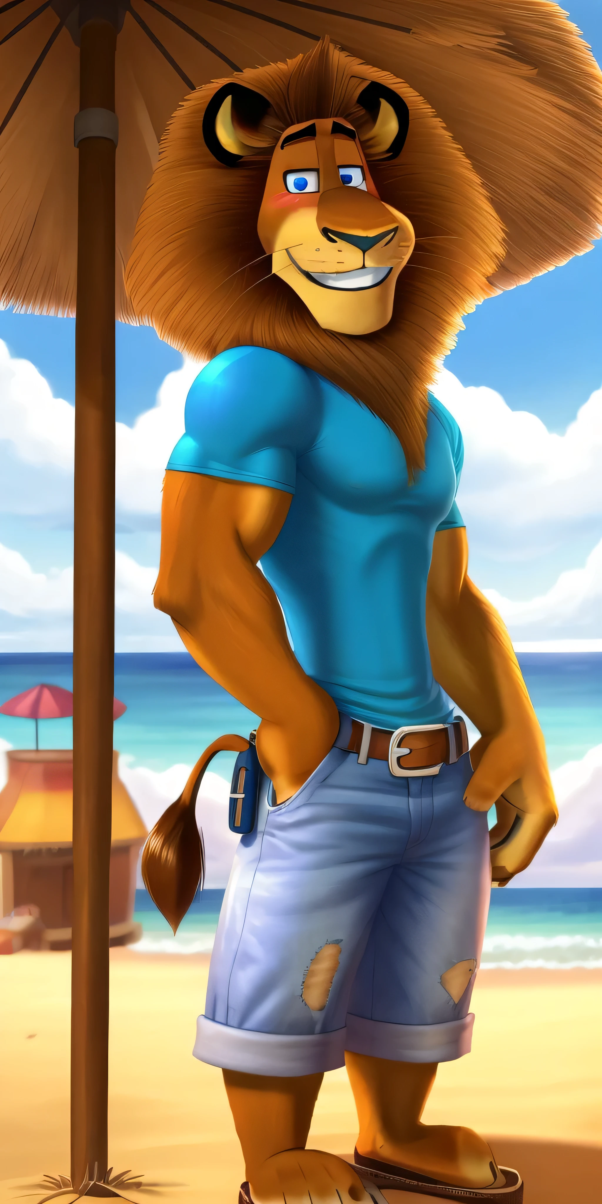 AlexLion, solo, cartoony proportions, correct anatomy, muscular body, biceps anatomy correct, big biceps, extremely beautiful and cute face, perfect face, ultra quality face, perfect eyes, ultra quality eyes, perfectly detailed blue eyes, white iris with perfectly detailed pupils, ultra quality fur, soft and delicate fur, wears cyan t-shirt with short sleeves, denim cargo shorts with brown belt, flip-flops sandals, standing in the bar at beach, beach background, standing with his back to the viewer, looking back, looking back at the viewer, blushes, big ass, gentle look, cute smiling, radiant, cute, handsome, beautiful, kind, sweety, extremely charismatic, majestic, friendly, simply irresistible, well-mannered, polite, cultural, grin, attractive, charming, super good looking, hot, sexy, mature, adult, pacifist, calm, face focus, ultra detalization, perfect detalization, perfectly detailed, ultra HD quality, highest resolution, 4k, 8k