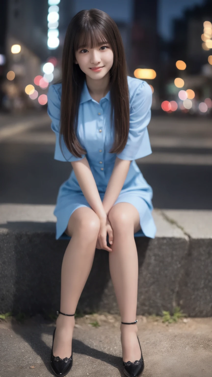 1girl,(wearing a blue mini dress:1.2),(RAW photo, best quality), (realistic, photo-realistic:1.4), masterpiece, an extremely delicate and beautiful, extremely detailed, 2k wallpaper, Amazing, finely detail, extremely detailed CG unity 8k wallpaper, ultra-detailed, highres, soft light, beautiful detailed girl, extremely detailed eyes and face, beautiful detailed nose, beautiful detailed eyes,cinematic lighting,city lights at night,perfect anatomy,slender body,light smile,close up,(long hair with bangs), (Full body:1.4), big breast, sitting.