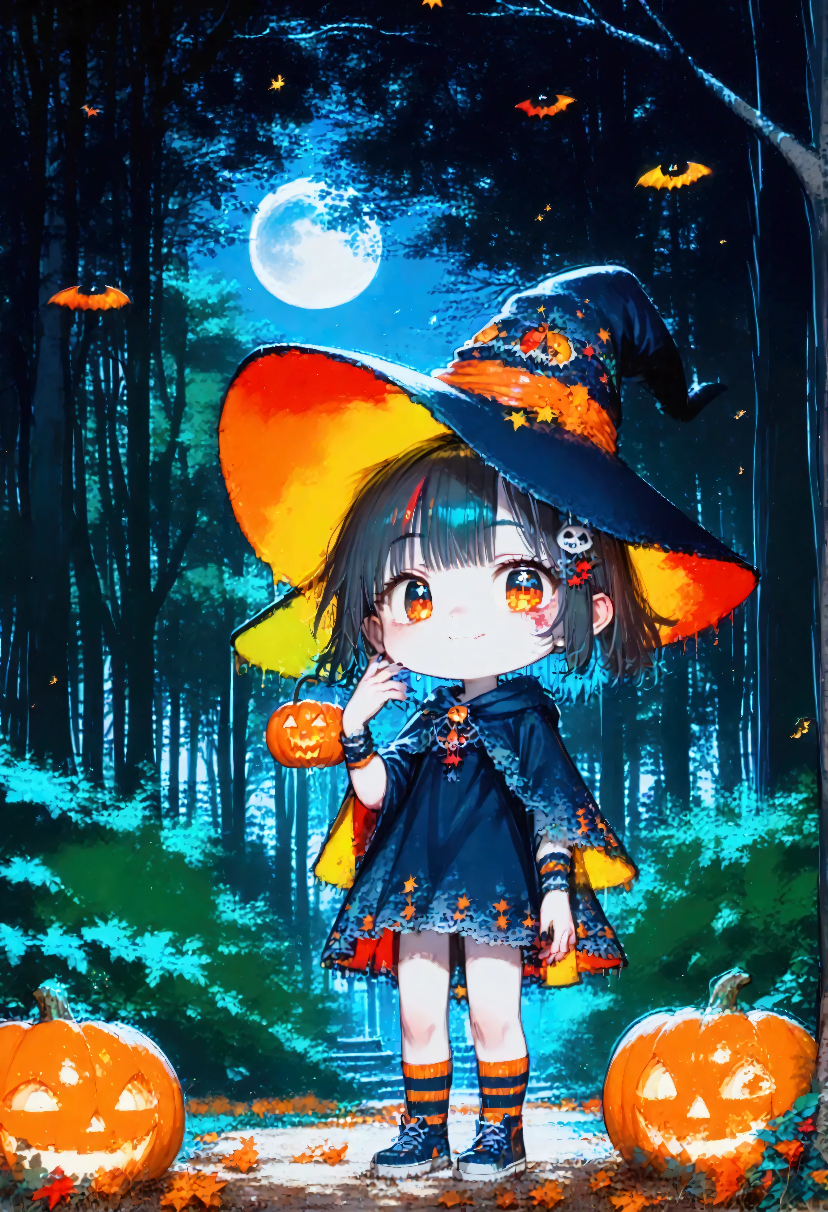 hzk,score_9, score_8_up, score_7_up, score_6_up, score_5_up, score_4_up ,(solo:1.8),1girl\((witch:1.7),(chibi:0.5),cute,big eyes,white skin\),trees,moon,((jack-o'-lanterns)),(f3nn3r:1.8),(colourful,vivid, pink, blue, black, red, trippy:1.6)