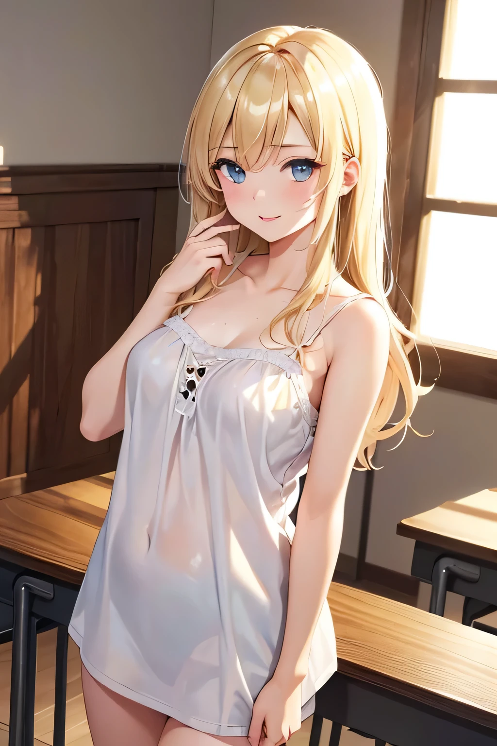 (( girl))、Shiny Blonde,  (Beautiful blue eyes、Shining eyes fine grain)、smile、超fine grain、High quality face, Very fine grain,Cowboy Shot、 girl, Like, 

((Best Quality, 8k, masterpiece: 1.3)), 
Beauty, Hide your face, 1 girl,beautiful: 1.3, 
 white camisole, short , (In the classroom), 
 High quality face, Detailed lips, fine grain, double eyelid, wet, invite,