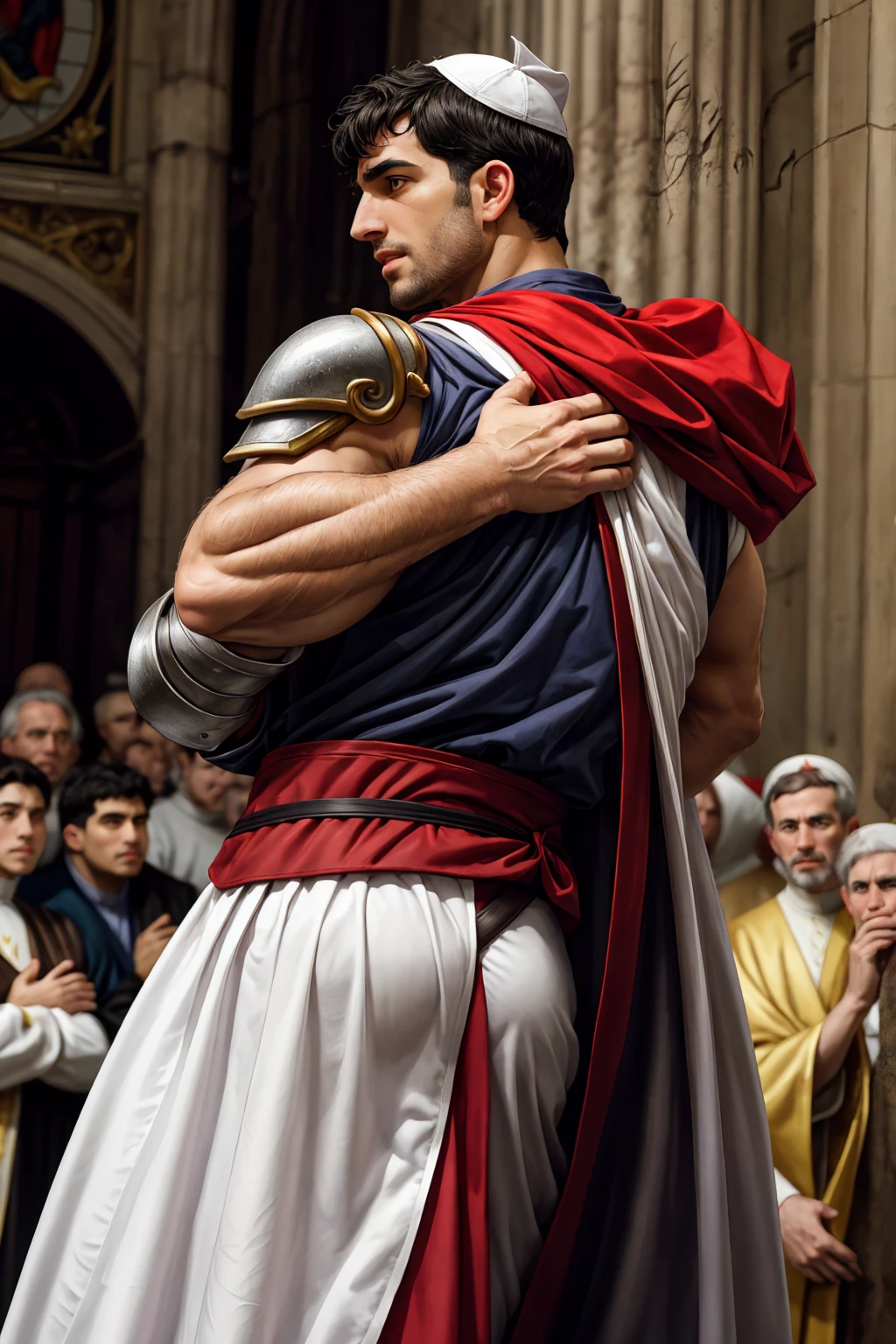 Looking back, Darius Ferdinand wears fitted sleeveless red and white see-through body-hugging Roman Catholic papal robe armor, looking at the audience, The expression of peace and justice, Dynamic poseBREAK St. St. Peter&#39;s Basilica, Holy See, Breaking Heroes, Religious themes, chiaroscuro, renaissance art, church power, break reality, cinematic, The best, detailed background, Depth of Field, fine details