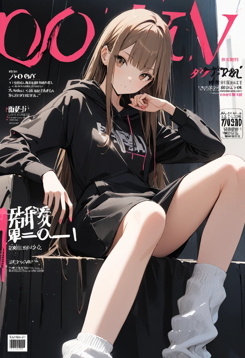 (cover of a fashion magazine),(favorite posing),(1girl,slim,small breasts,long brown straight hair,Side bangs,Slope_eye),(black hoodie,loose socks),break,conceptual art, masterpiece, Super Detail, Attention to detail, high quality, highest quality, High resolution