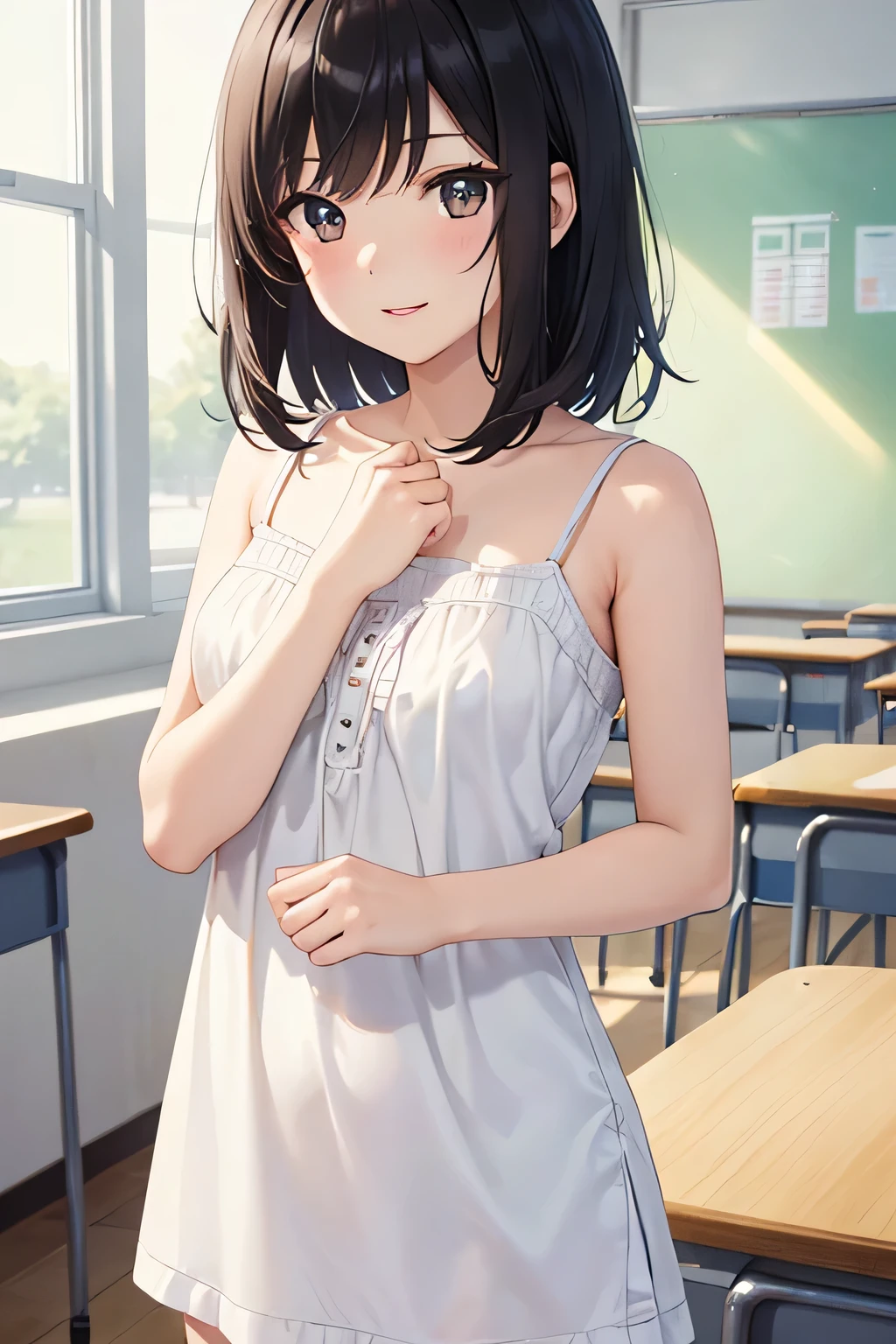 (( girl))、Shiny black hair, (Beautiful brown eyes、Shining eyes fine grain)、smile、超fine grain、High quality face, Very fine grain,Cowboy Shot、 girl, Like,
((Best Quality, 8k, masterpiece: 1.3)),
Beauty, Hide your face, 1 girl,beautiful: 1.3,
white camisole, short , (In an ),
High quality face, Detailed lips, fine grain, double eyelid, wet, invite,