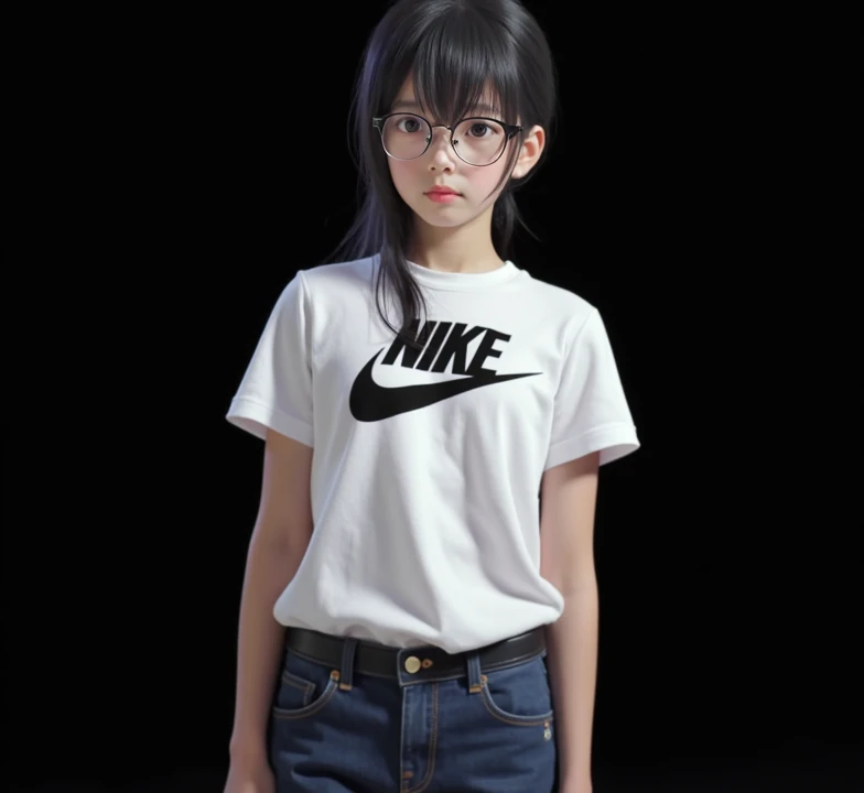 girl straight black hair short denim skirt posing for a photo in a hyperrealistic room