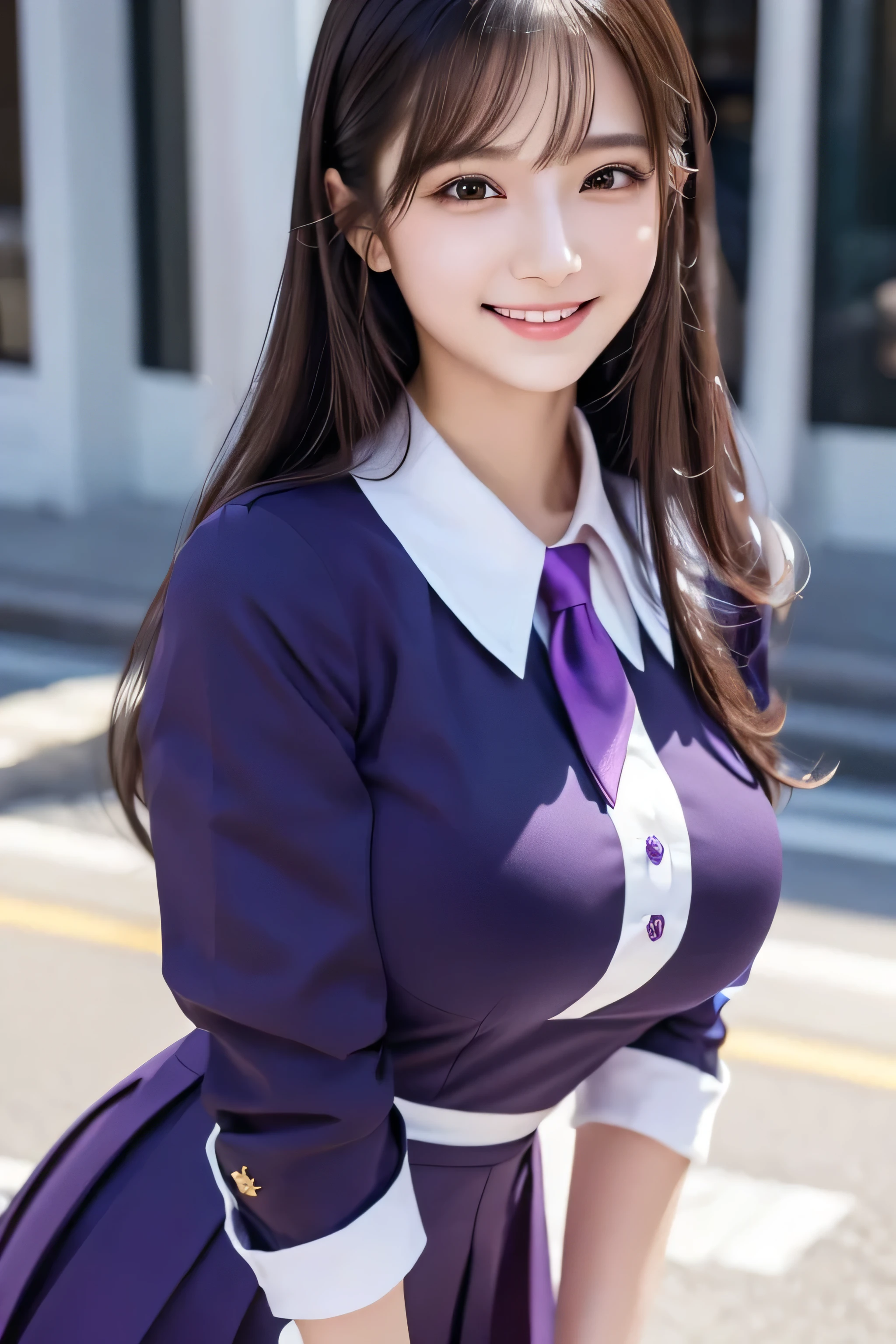 Cute girl in purple uniform，Long black hair，Ultra-high resolution，Delicate skin，Cinematic Lighting，Pure，guard，beautiful，White skin，Cheerfulness，Goodness，Cheerful big breasts，Get creative，Sparkling eyes and a contagious smile