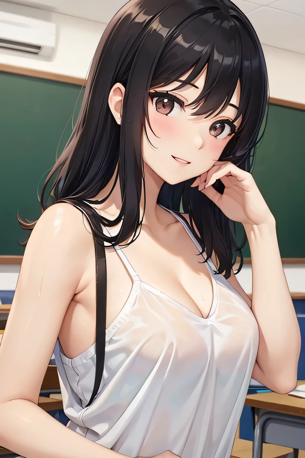 (( girl))、Shiny black hair,  (Beautiful blue eyes、Shining eyes fine grain)、smile、超fine grain、High quality face, Very fine grain,Cowboy Shot、 girl, Like, 

((Best Quality, 8k, masterpiece: 1.3)), 
Beauty, Hide your face, 1 girl,beautiful: 1.3, 
 white camisole, short , (In the classroom), 
 High quality face, Detailed lips, fine grain, double eyelid, wet, Long Hair, Invite,