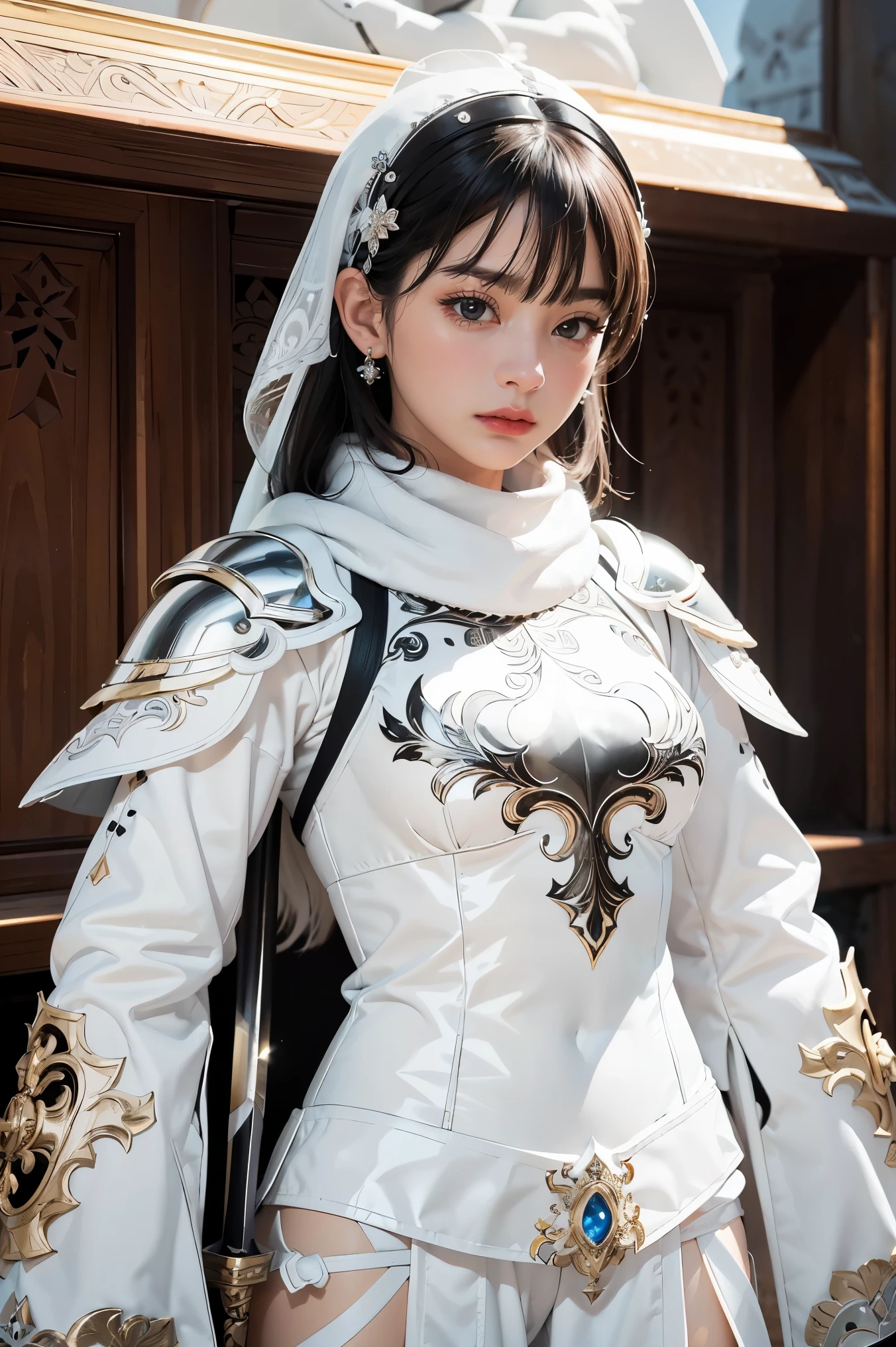 there is a woman dressed in a white and black outfit holding a sword, detailed armor with white scarf, detailed white armor, glossy white armor, ornate korean polearm behind her, wearing ornate armor, intricate white armor, dressed like a cleric, wearing diamond armor, wearing intricate fur armor, wearing shiny breastplate, modern clean white armor, ornate bikini armor