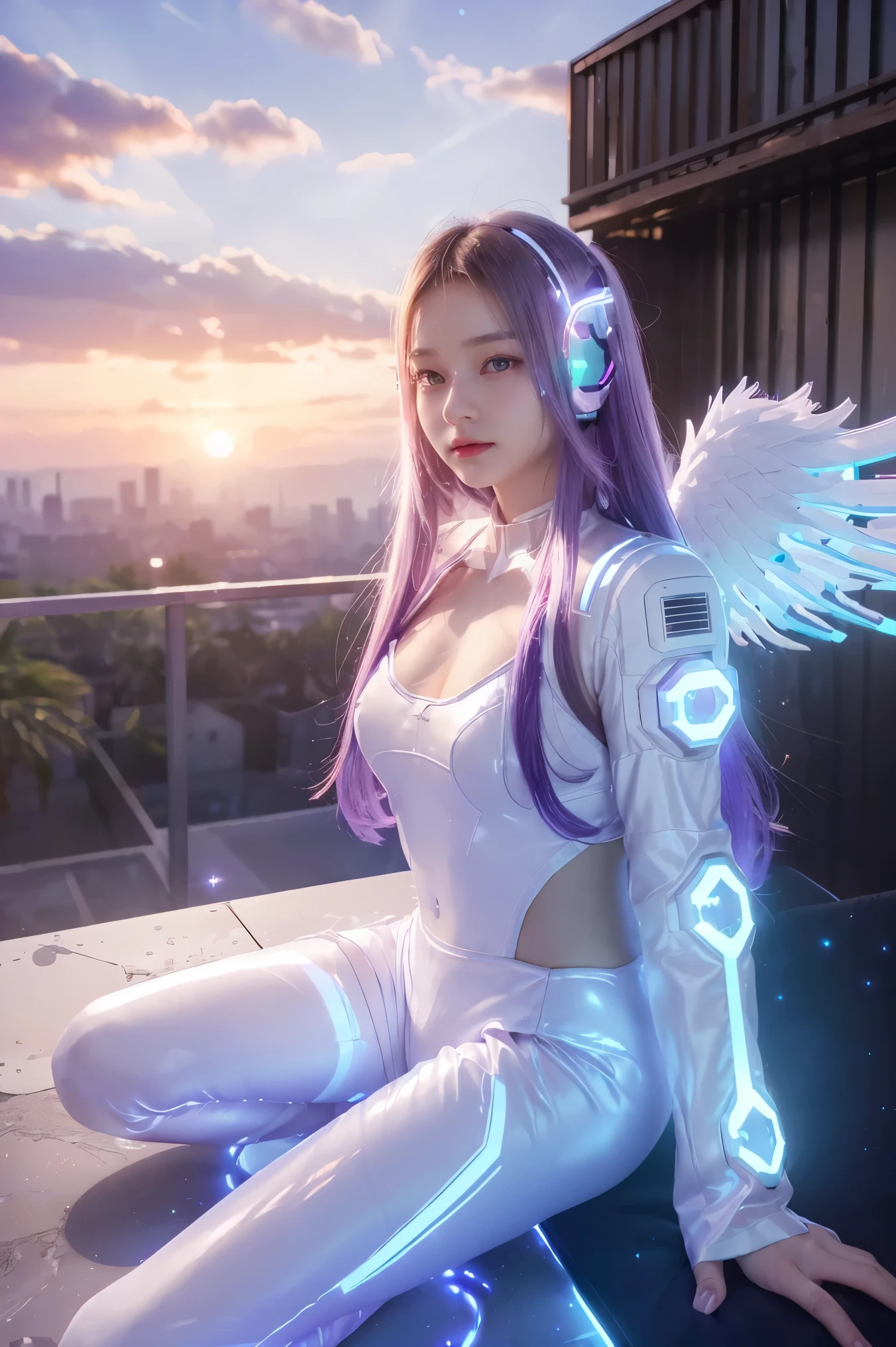 ((masterpiece, best quality, extremely detailed), volumetric lighting, ambient occlusion, colorful, glowing), 
2girl,  young girls, (purple white gradient long hair),  halo, aura, sacred, goddess, cyber suit, (white outfit:1.3), android, bot, angel wings,
outdoors, sunset, sky, clouds, space, (cyberpunk theme:1.2),