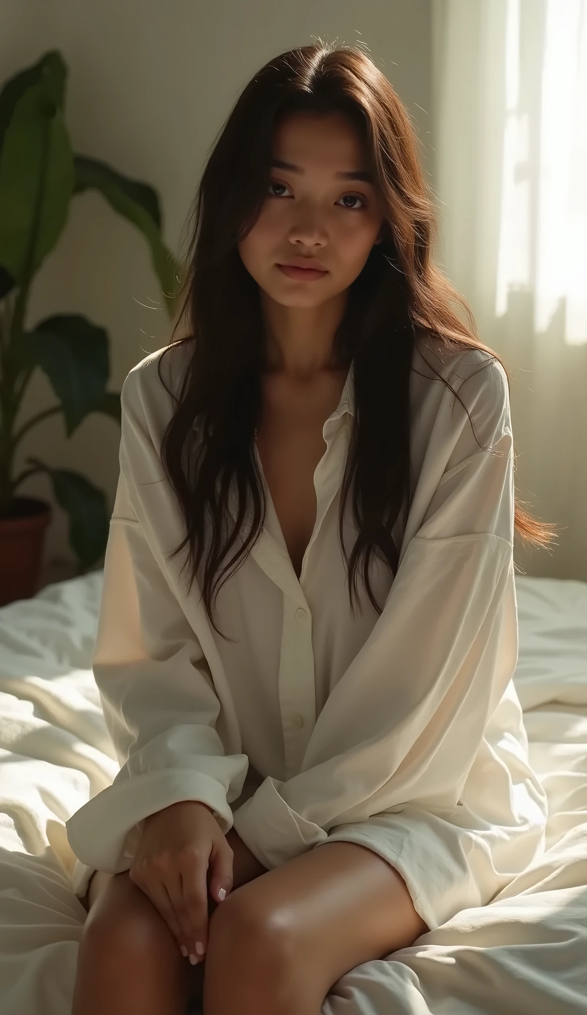 Capture a compelling photograph with high resolution using a professional-grade camera. The subject is an adorable Thai woman with long black hair, seated halfway in the frame, positioned sideways to the camera. The scene unfolds in a bedroom with soft, natural light streaming in from a window during the late afternoon, casting gentle and warm tones. The woman is wearing an oversized white shirt, sitting near a window sill and looking outward, look at view, look outside, not directly at the camera. The overall ambiance should exude tranquility and charm, with subdued lighting, soft focus, and a hint of sunlight creating a play of shadows in the background. This shot is taken with a 35mm film for a timeless quality. Emphasize the subtleties of the moment, and ensure that the composition highlights the interplay of light and shadows to evoke a warm and inviting atmosphere.