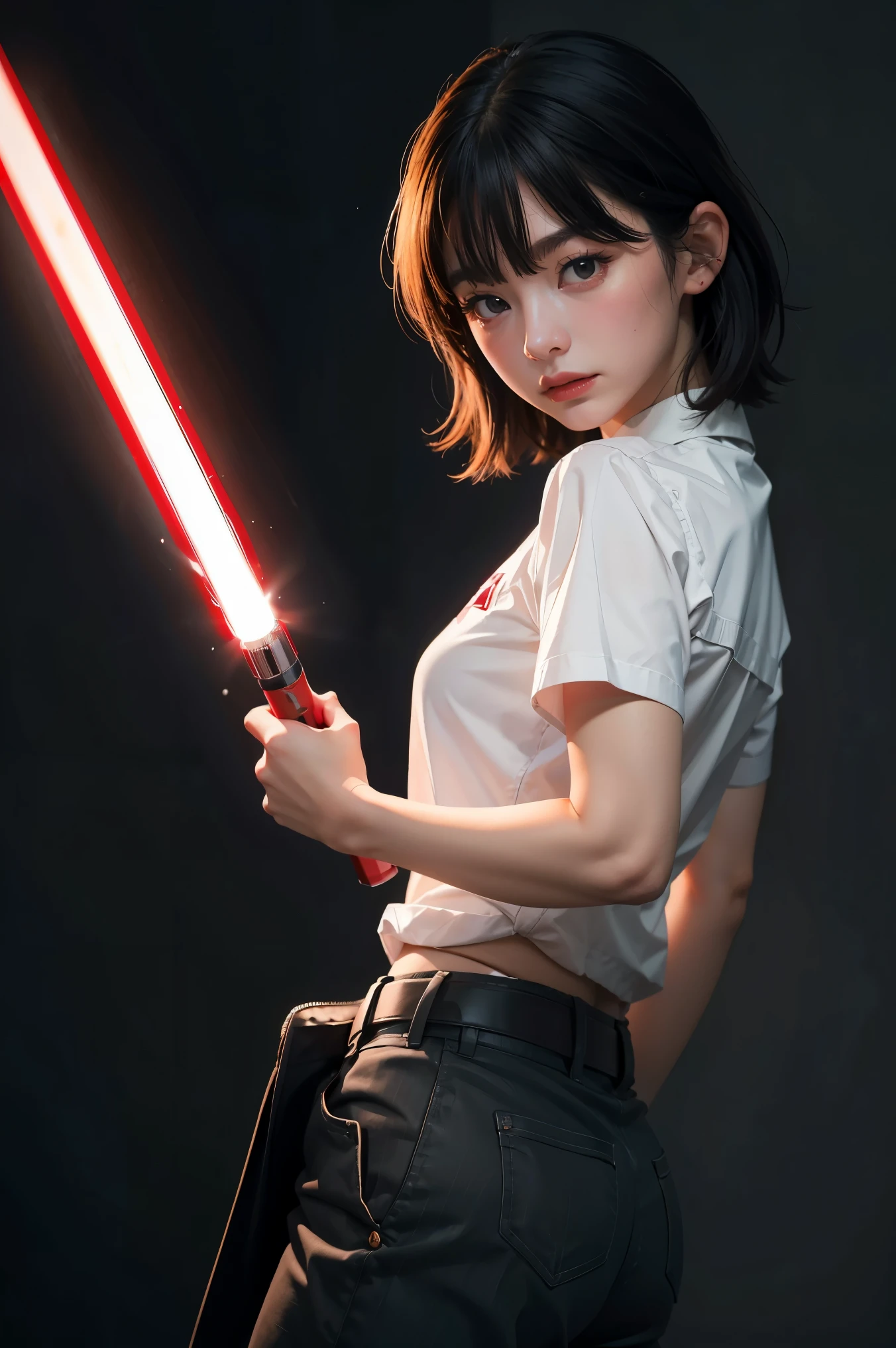 Best quality,masterpiece,ultra high res,photorealistic,1girl,MMN,MN,cho girl,1girl,solo,looking at viewer,studio light,realistic,photorealistic,undone sarashi,Lightsaber Red,a supernatural detective solving crimes,