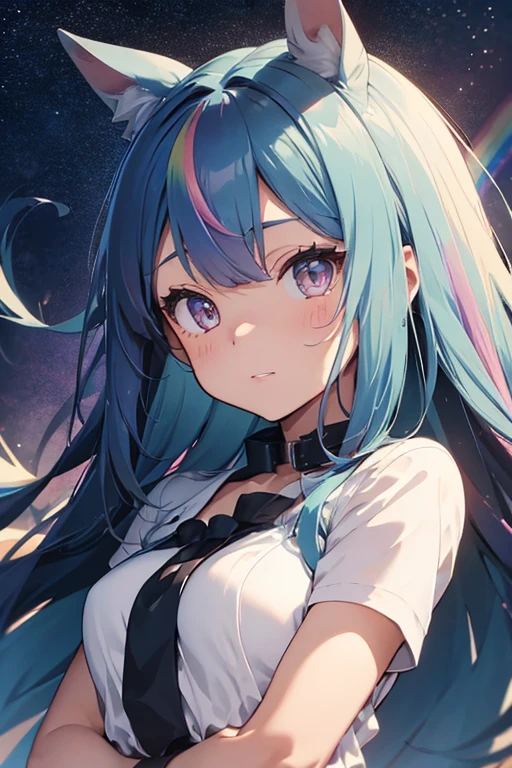 Fantastic bright light green purple long hair,Purple and red with white clothes,The eyes are light blue,This is a cute sweet girl,soft girl