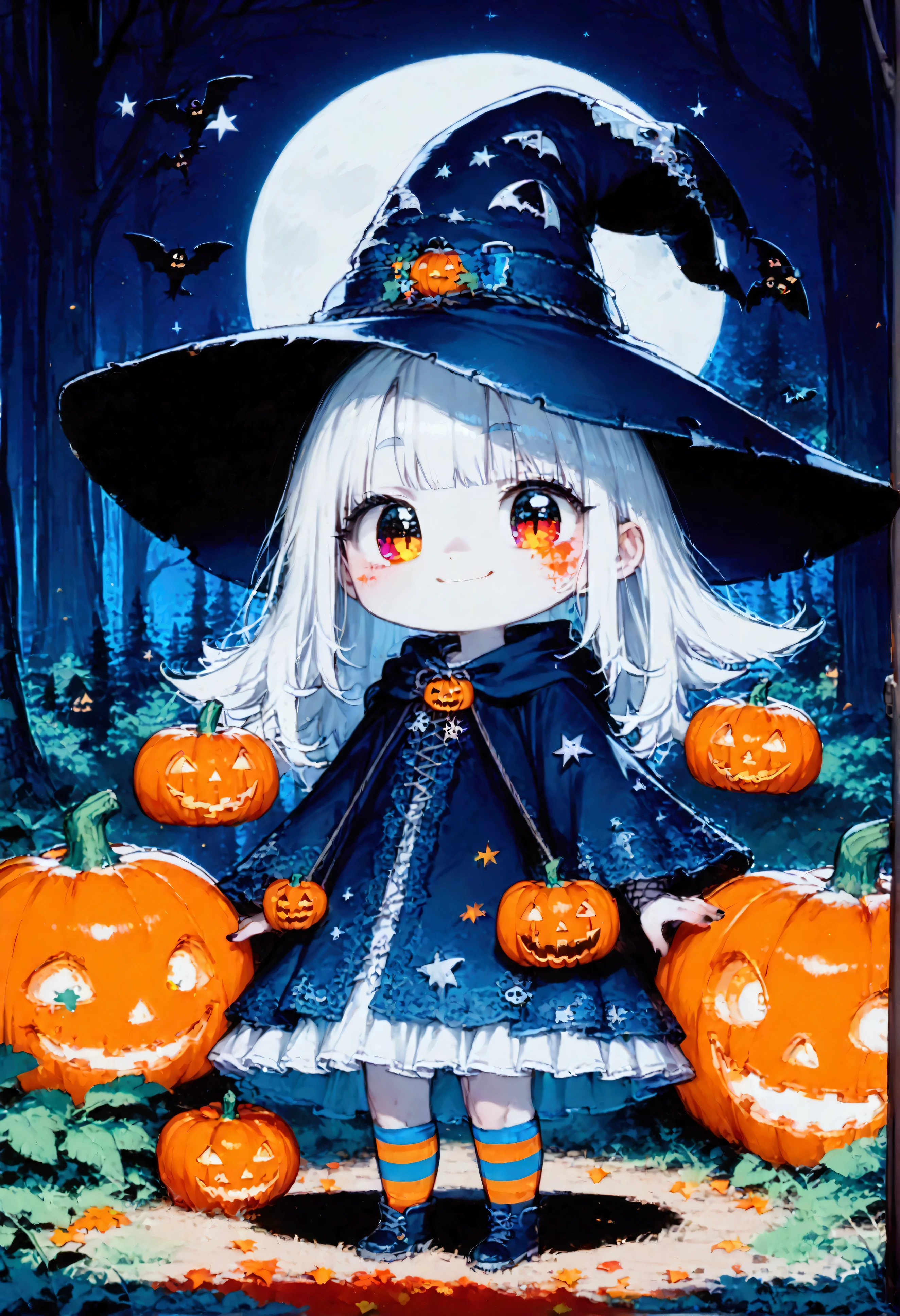 hzk,score_9, score_8_up, score_7_up, score_6_up, score_5_up, score_4_up ,(solo:1.8),1girl\((witch:1.7),(chibi:0.5),cute,big eyes,white skin\),trees,moon,((jack-o'-lanterns)),(f3nn3r:1.5),(colourful,vivid, pink, blue, black, red, trippy:1.6),[nsfw:2.0]