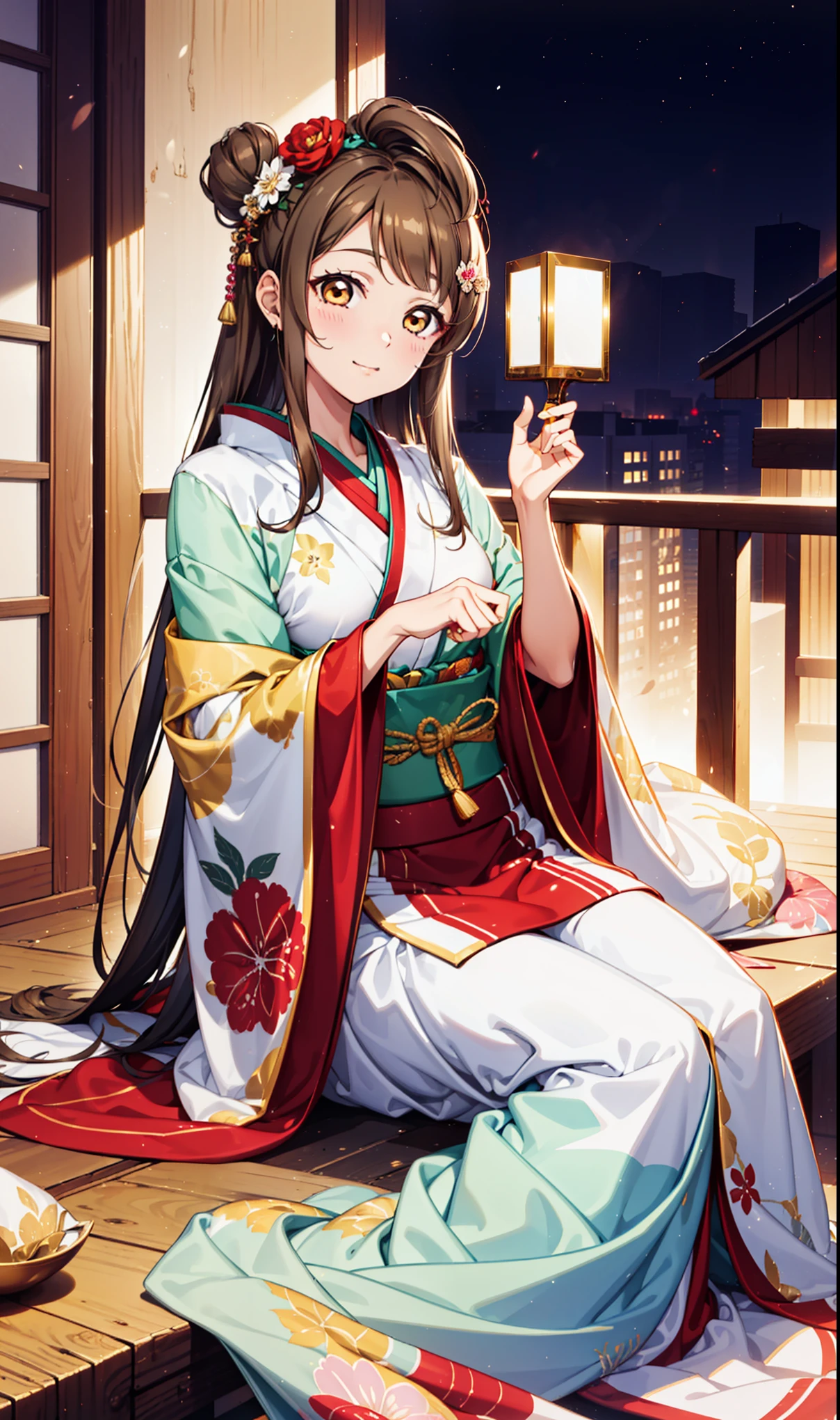 Brown hair，Golden Eyes，Charm ，Long hair，Hair Coloring，Sitting，Loose hair，，night，bedroom，（Japanese clothes：1.2）， Medium Curve，Top quality，Super Detail，fan