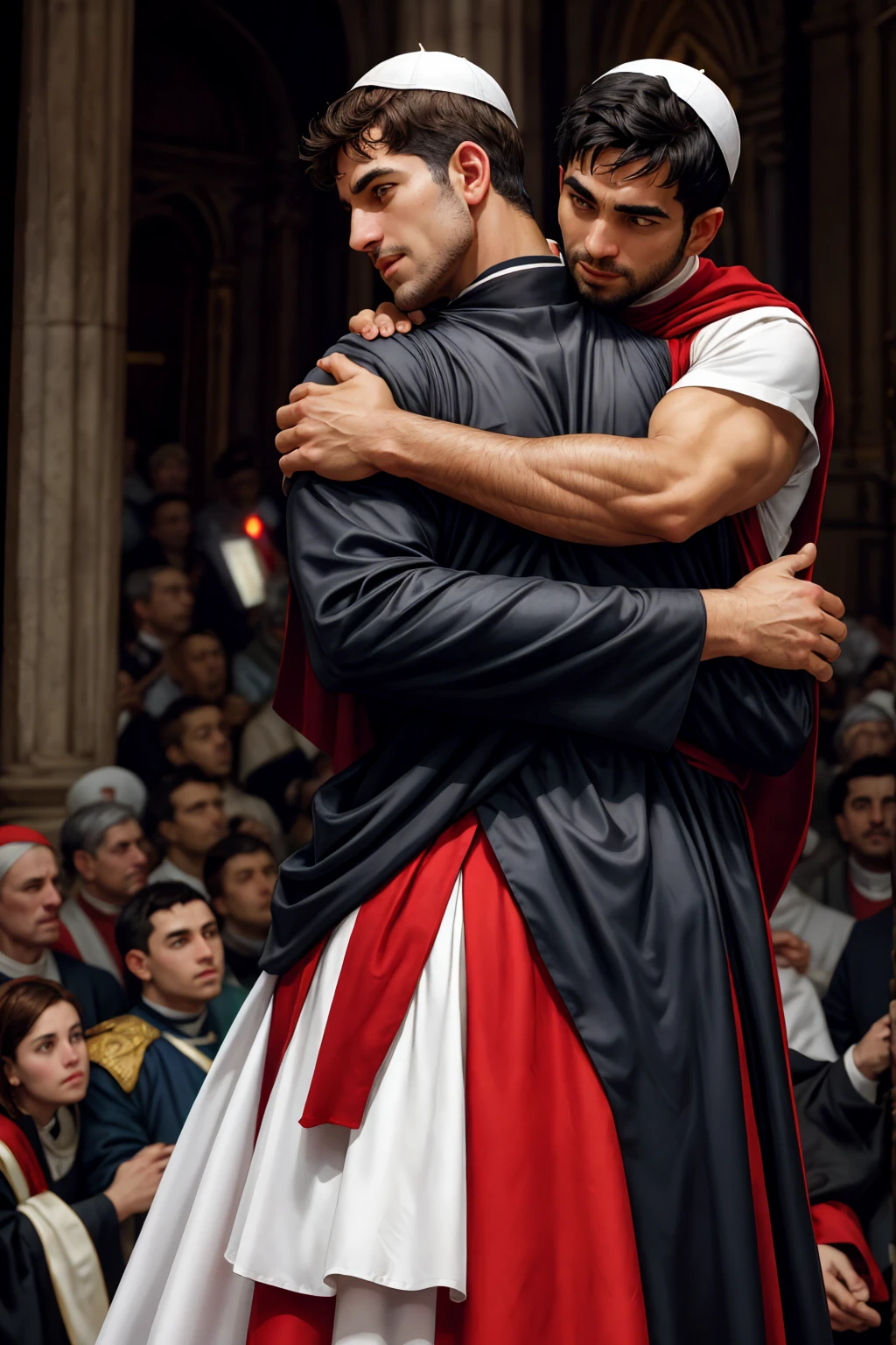 A Leo Ferdinand wearing a fitted sleeveless red and white see-through body-hugging Roman Catholic papal cassock armor, looking at the audience, The expression of peace and justice, Dynamic poseBREAK St. St. Peter&#39;s Basilica, Holy See, Breaking Heroes, Religious themes, chiaroscuro, renaissance art, church power, break reality, cinematic, The best, detailed background, Depth of Field, fine details，Perfect body details，Perfect arm details