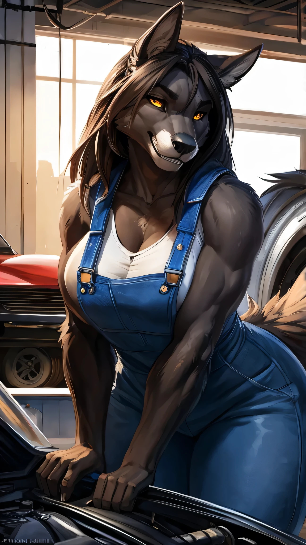 farm setting, German Shepherd,, muscular, camisole, happy, looking at viewer,muscular female,
by Kenket, (Sharp focus, masterpiece, 8k, intricate artwork, hyper detailed, high detail),