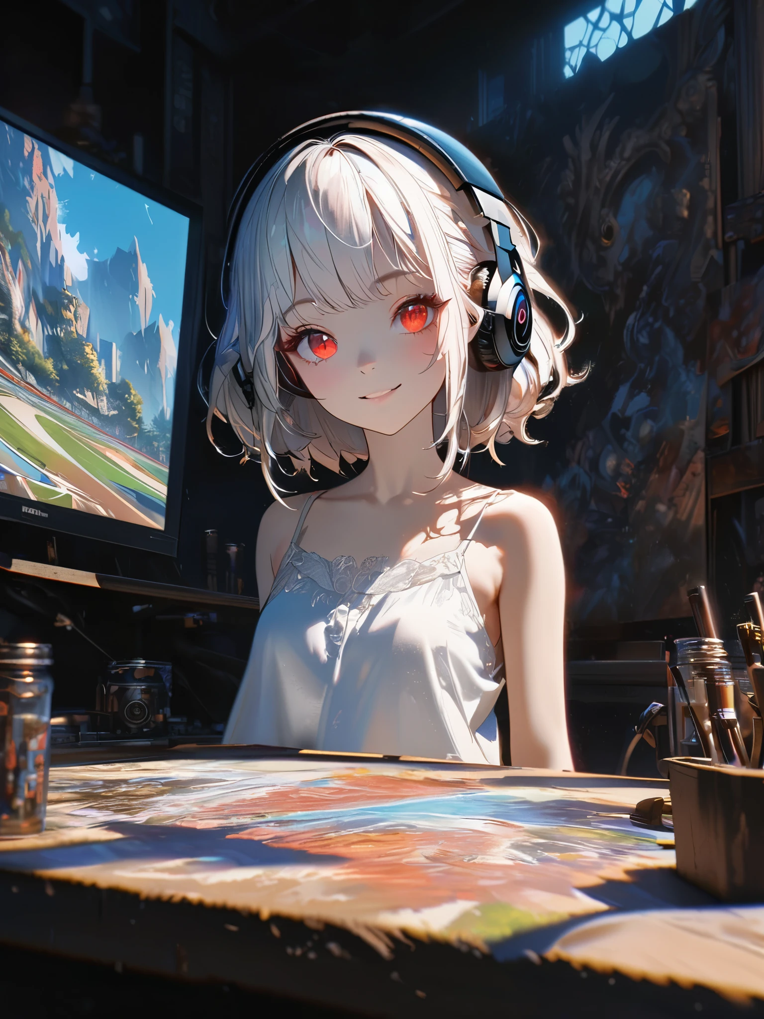 Anime girl with headphones sitting at a table with a painting - SeaArt AI