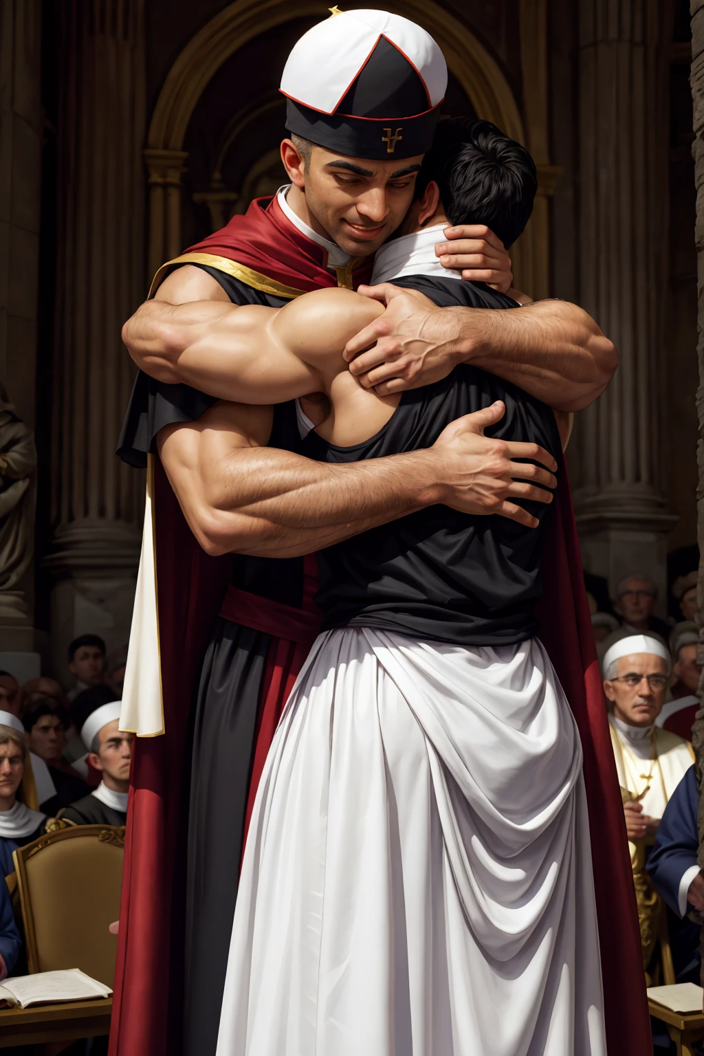 A Leo Ferdinand wearing a fitted sleeveless red and white see-through body-hugging Roman Catholic papal cassock armor, looking at the audience, The expression of peace and justice, Dynamic poseBREAK St. St. Peter&#39;s Basilica, Holy See, Breaking Heroes, Religious themes, chiaroscuro, renaissance art, church power, break reality, cinematic, The best, detailed background, Depth of Field, fine details，Perfect body details，Perfect arm details