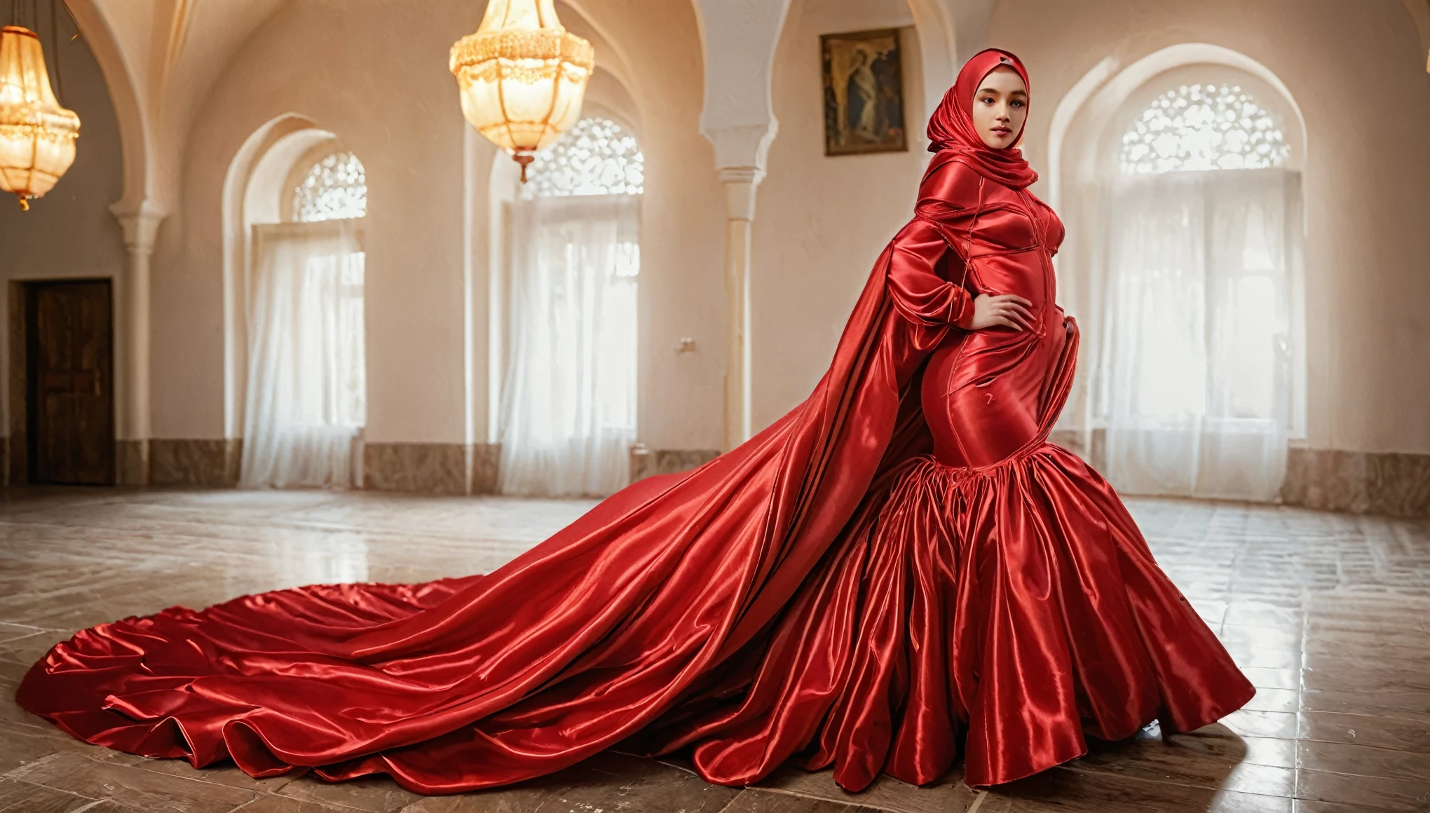 A woman shrouded in a 10-meter-long, plush red satin shimmer cloth, ballon sleeves, tightly bound and grandly draping along the form of her body, flowing off into a pooled floor-length train, styled in a mermaid-inspired outfit, poof style in bottom dress, her head modestly veiled in a satin shimmer simple hijab style, 175 height woman, walking in mosque, a full-body pose conveying a sense of elegance, captured in a 4k resolution, ultra-realistic(best quality,4k,8k,highres,masterpiece:1.2),ultra-detailed,(realistic,photorealistic,photo-realistic:1.37),HDR,UHD,studio lighting,ultra-fine painting,sharp focus,physically-based rendering,extreme detail description,professional,vivid colors,bokeh,portraits,fantasy,cinematic lighting