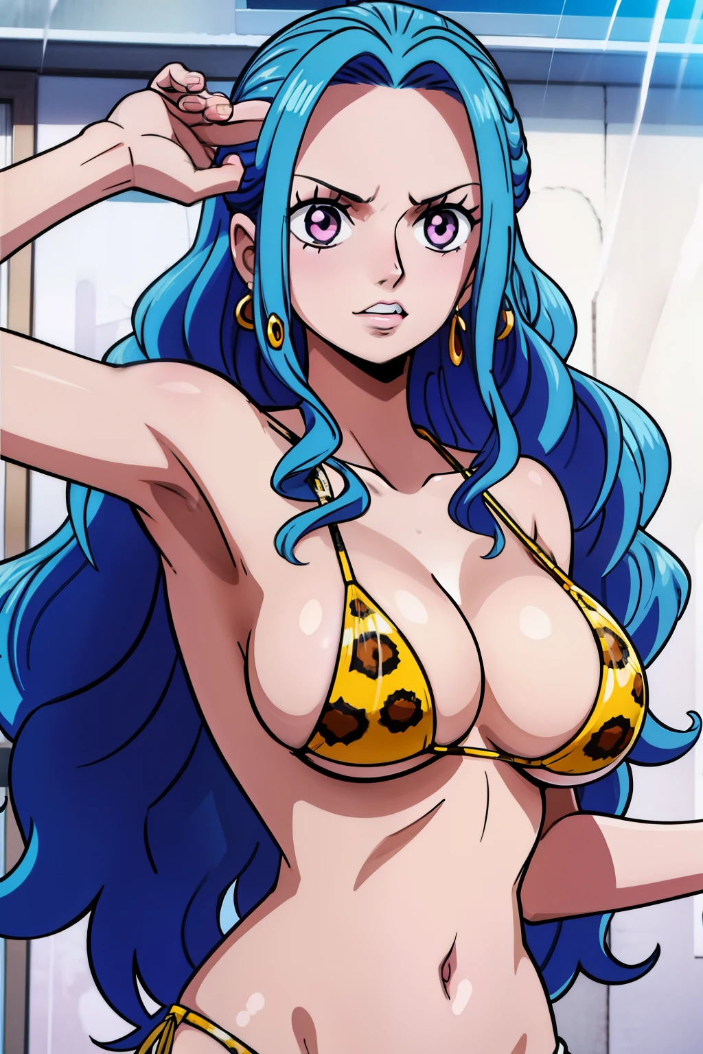 Cute girls,round purple eyes, blue hair、[without a bra、Medium to long straight hairstyle，、（Bigboobs,，she Wear a leopard bikini,leopard bikini,  leopard bikini，In a rental house，esta de pie，leopard bikini,evening，it was raining outside，Upper .,cuerpo completo,,leopard bikini,sexy,Alta resolución, leopard bikini,,leopard bikini,leopard bikini,leopard bikini,sexy,leopard bra,leopard panties