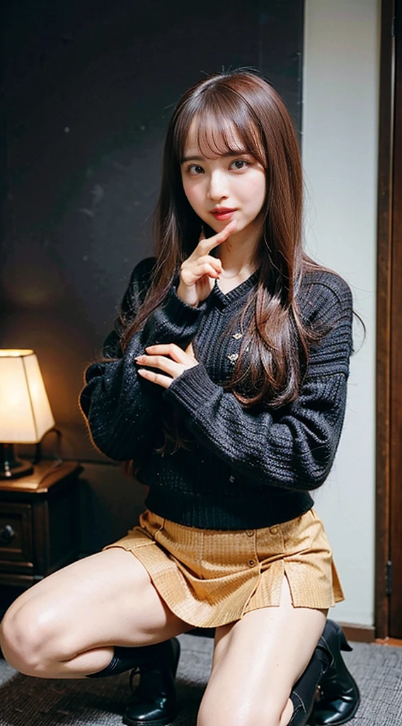 ((highest quality、8k、masterpiece:1.3)),((((fullbody shot)))),Ultra-high resolution,big eyes,Japanese,bangs,(a girl),(1 girl),((20 years old)),((facing at viewer)),(long hair),(((black sweater))),grin,((squatting)),(((pleated mini skirt))),(((pussy))),((skirt lift)),(((black short crew socks)))