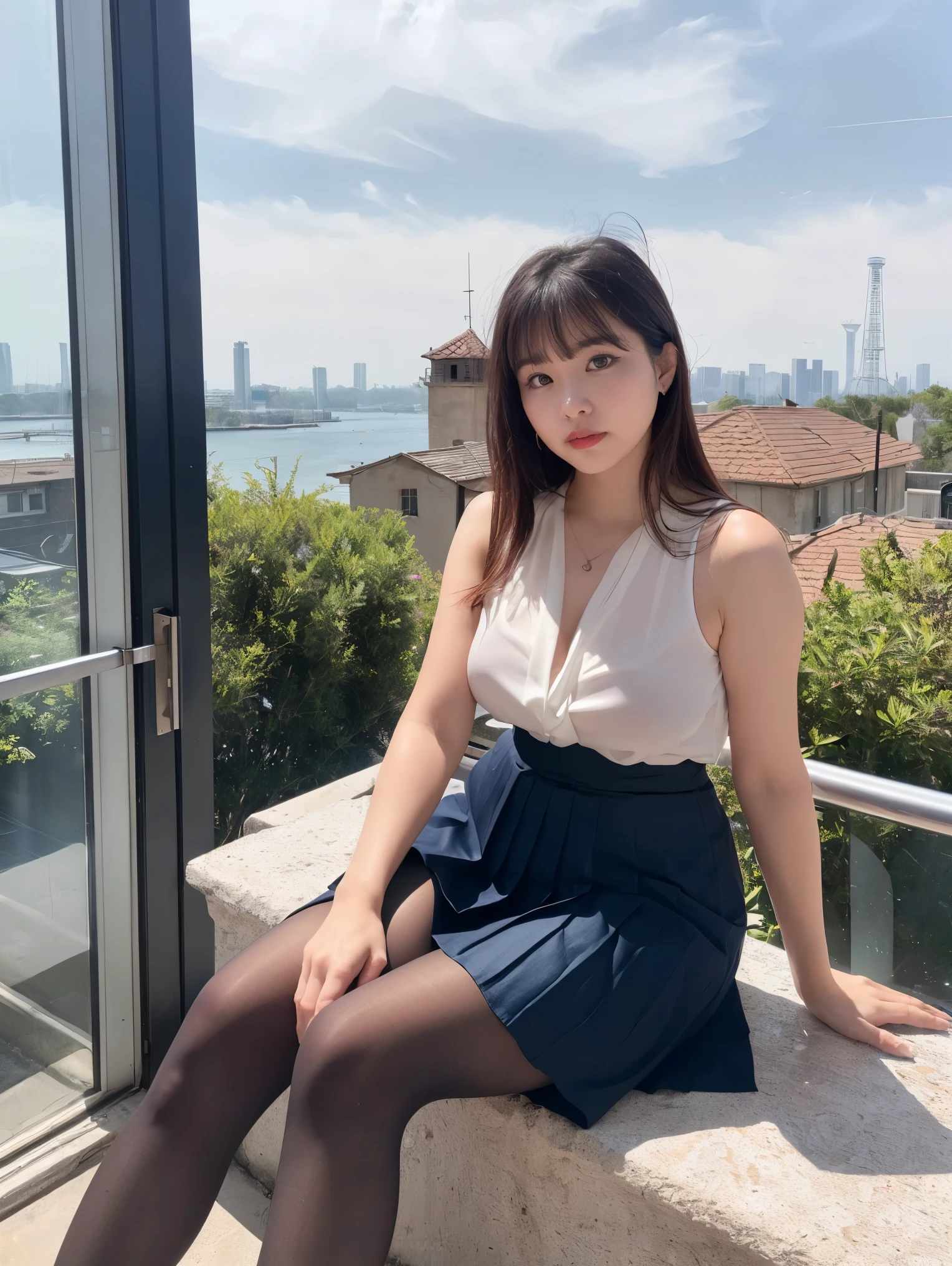 (Highly detailed 8k wallpaper), sharp focus, detailed, dramatic, delicate and beautiful young girl, lighting at face, (slim face, Slim Waist, Slim legs), (perky uplifted breasts:1.2), cleavage, (blunt bangs), long hair cascading behind her ears, (wearing transparent mini slip:1.5), (beautiful erect tits showing through slip:1.5), (camel toe), (pussy), Half Butterfly Earrings, silver necklace with jewelry, (smile1.0.2), (sexy pose:1.2), blush, graphics beautiful, in high-rise building, Modern office with a city skyline view, Full Glass Wide Window, (sitting sofa:1.5),(sofa by window), 3/4 body ,from below angle, (dynamic shot),