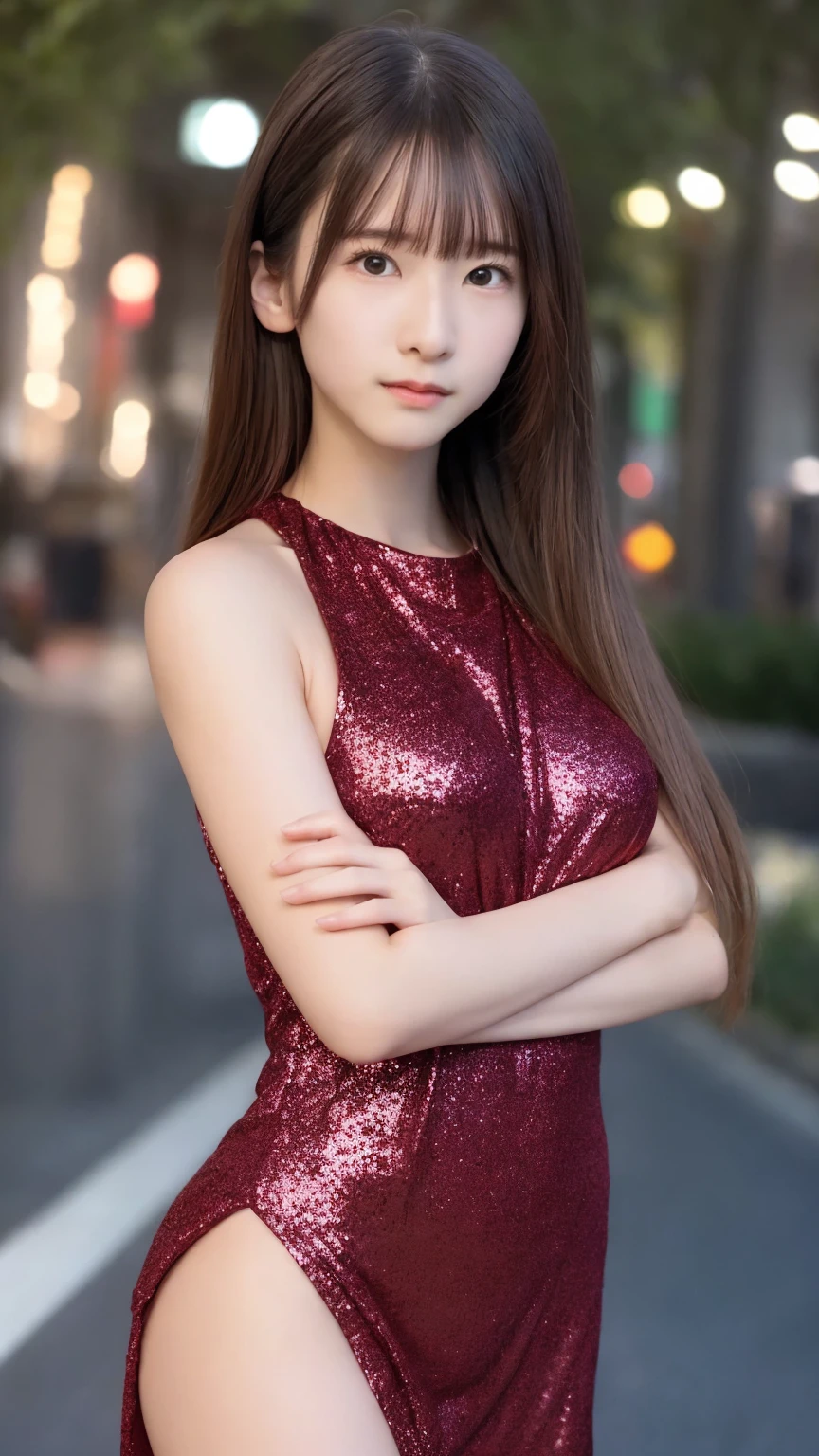 1girl,(wearing a red glittery evening mini dress:1.2),(RAW photo, best quality), (realistic, photo-realistic:1.4), masterpiece, an extremely delicate and beautiful, extremely detailed, 2k wallpaper, Amazing, finely detail, extremely detailed CG unity 8k wallpaper, ultra-detailed, highres, soft light, beautiful detailed girl, extremely detailed eyes and face, beautiful detailed nose, beautiful detailed eyes,cinematic lighting,city lights at night,slender body,(long hair with bangs), big breast:1.3, full body:1.4, crossed arms