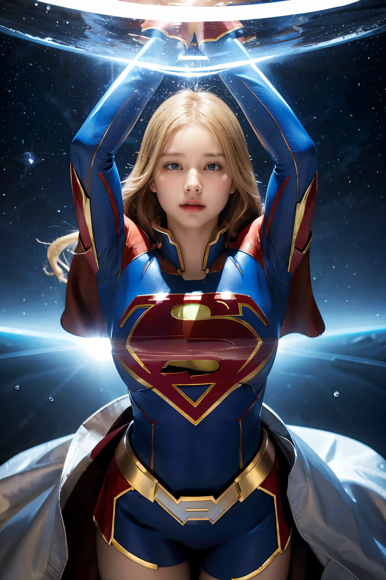 Supergirl, Huge , Heavy mecha armor, TRANSPARENT, muscular body, sensual.