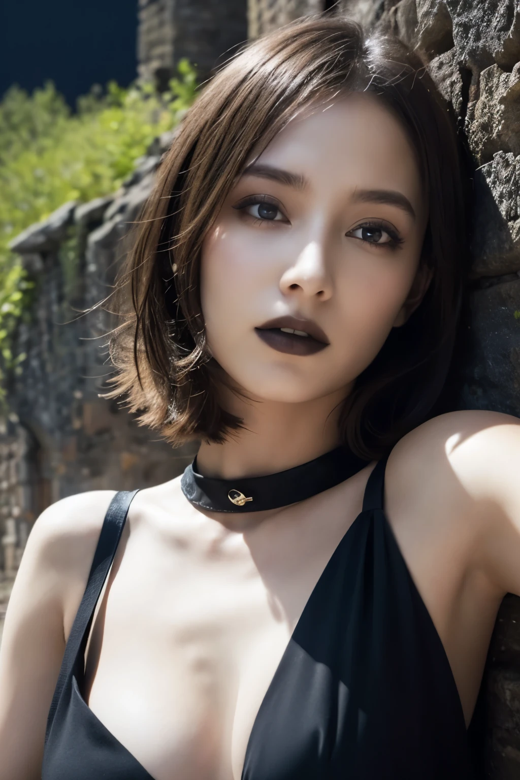 1 girl, (She is wearing a gothic black dress.:1.2), Very beautiful Japanese idol portraits, (RAW Photo Best Quality), (Realistic, Realistic:1.4), (masterpiece:1.4),
Very delicate and beautiful, Very detailed, 2k wallpaper, wonderful, finely, Very detailed CG Unity 8K wallpaper, Very detailed, High resolution, Soft Light,
Beautiful detailed girl, Very detailed目と顔, Beautiful and elegant nose Beautiful and beautiful eyes, Cinema Lighting,
(She lies in front of a ruined medieval castle:1.3), (Night Sky, milky way), (Dark screen:1.5), (Desolate landscape), (I am so lonely),
(Medium Hair), (Disheveled Hair), (Lying on the ground:1.5), (Upper Body),
Perfect Anatomy, Slender body, Small breasts