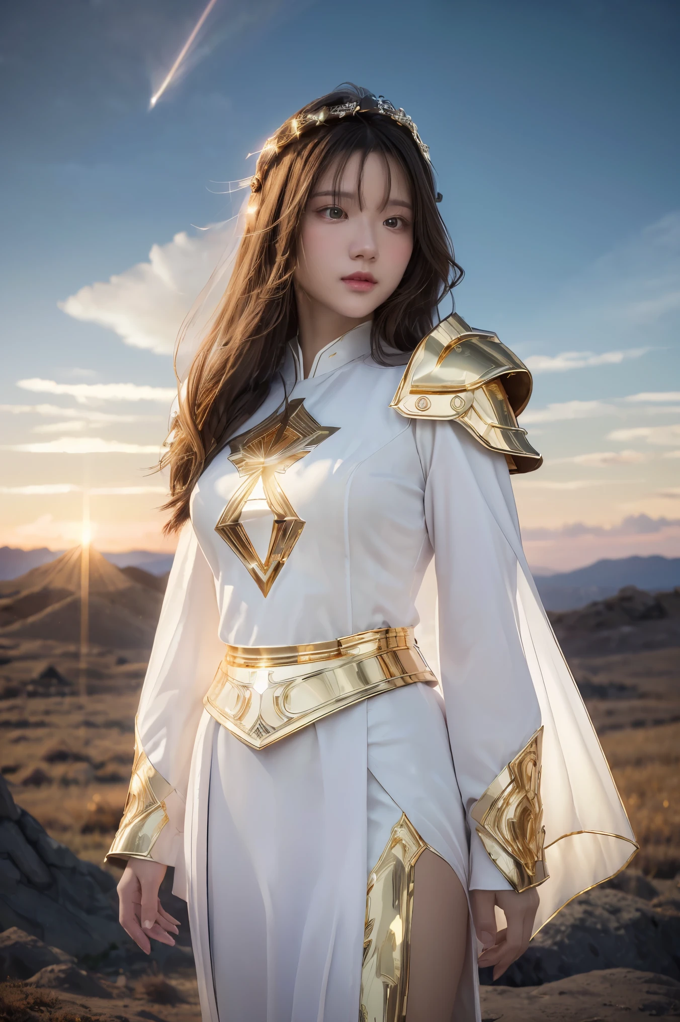 ((masterpiece, best quality, extremely detailed), volumetric lighting, ambient occlusion, colorful, glowing),
1girl, solo, young girl, (dark hair), long hair, halo, aura, sacred, goddess, cleric suit, (white outfit with gold detailst:1.3), armor,
outdoors, sunset, sky, clouds, space, (fantasy theme:1.2),