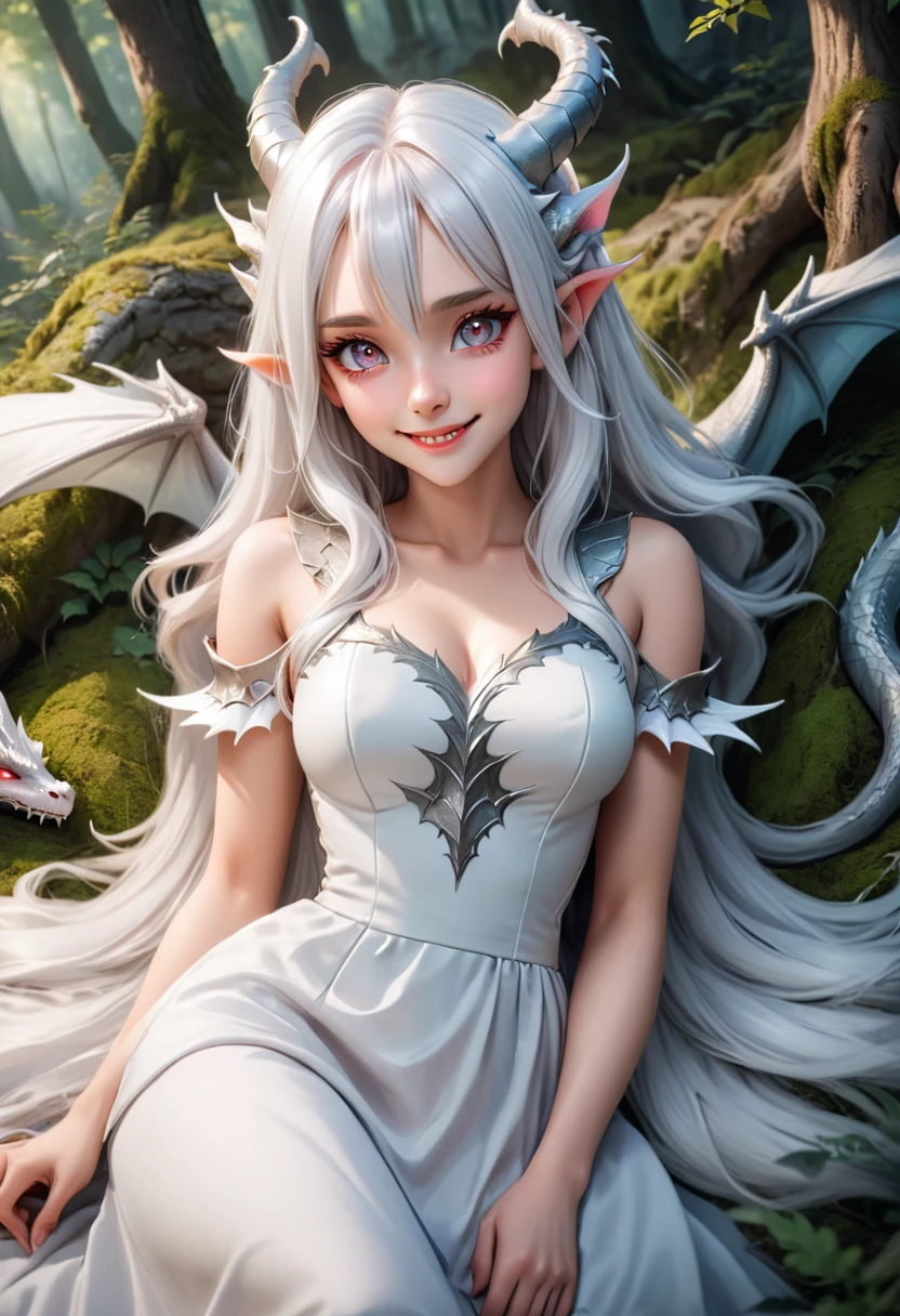 a beautiful elegant dragon woman with long silver white hair and dragon horns, lying on a soft pillow and gazing at the camera with an evil yet beautiful smile, realistic manga style, 1 girl, white skin, white dress, dragon wings in the forest background, (best quality,4k,8k,highres,masterpiece:1.2),ultra-detailed,(realistic,photorealistic,photo-realistic:1.37),extremely detailed eyes and face,beautiful detailed lips,beautiful detailed eyes,longeyelashes,vivid colors,studio lighting,physically-based rendering