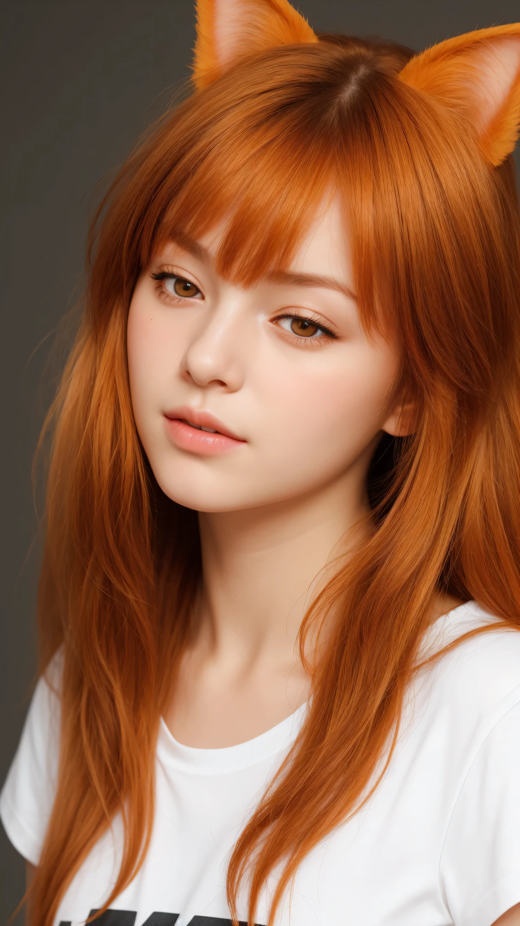 a girl. european. shy expression. extremely detailed face. delicate facial features. half-closed eyes. brown eyes. long messy hair, bangs. orange hair. thin lips. fake cat ears on head. white t-shirt