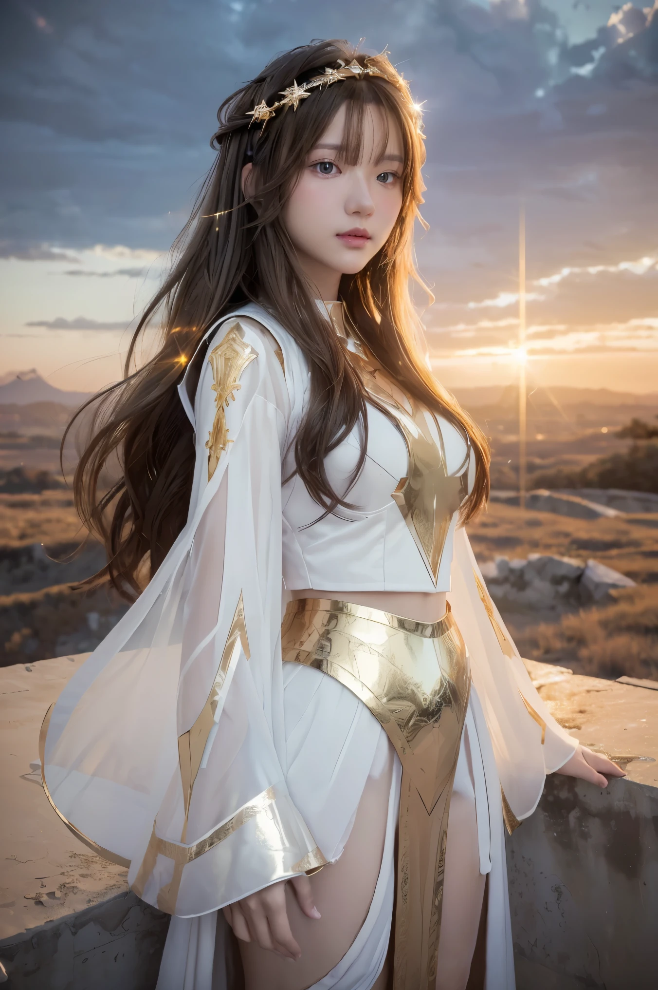 ((masterpiece, best quality, extremely detailed), volumetric lighting, ambient occlusion, colorful, glowing), 
1girl, solo, young girl, (dark hair), long hair, halo, aura, sacred, goddess, cleric suit, (white outfit with gold detailst:1.3), armor,
outdoors, sunset, sky, clouds, space, (fantasy theme:1.2),