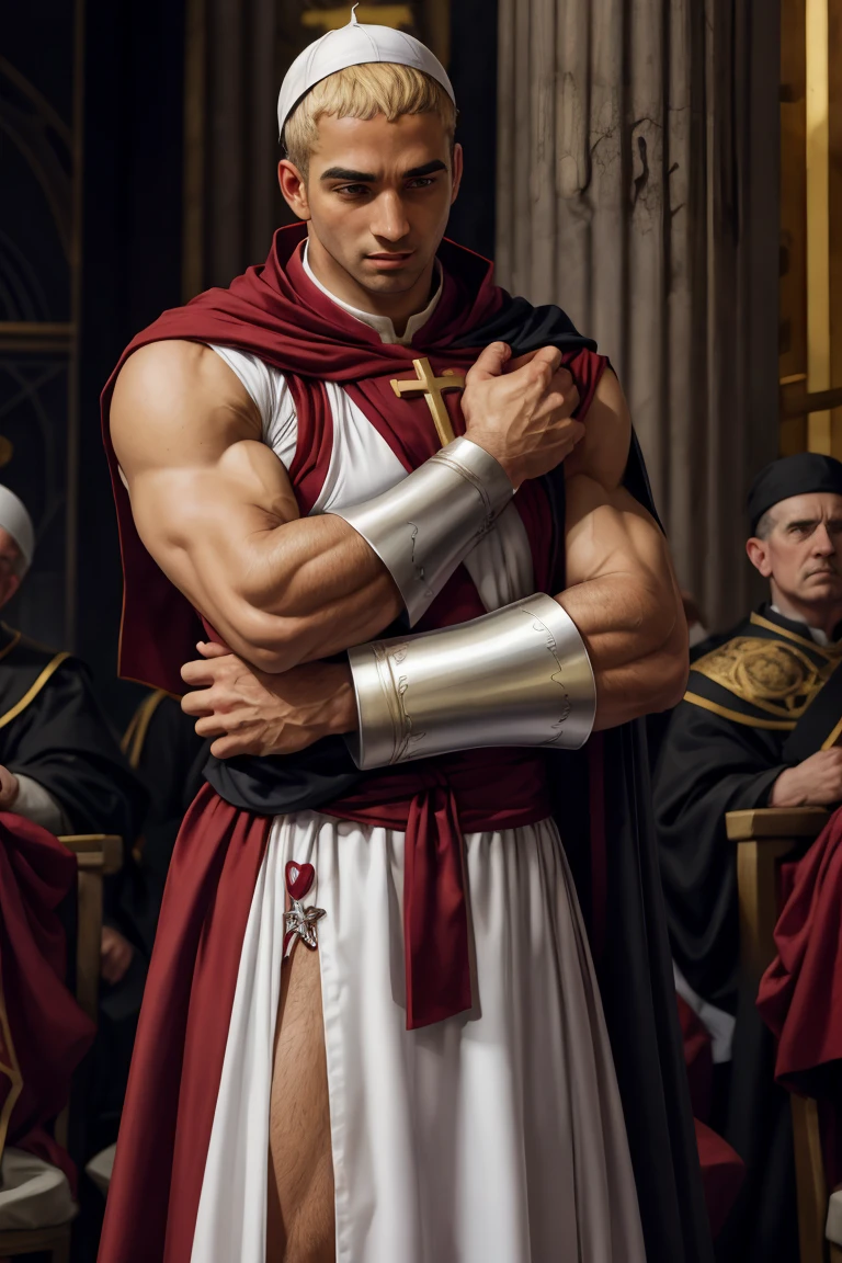 A Leo Ferdinand wearing a fitted sleeveless red and white see-through body-hugging Roman Catholic papal cassock armor, looking at the audience, The expression of peace and justice, Dynamic poseBREAK St. St. Peter&#39;s Basilica, Holy See, Breaking Heroes, Religious themes, chiaroscuro, renaissance art, church power, break reality, cinematic, The best, detailed background, Depth of Field, fine details，Perfect body details，Perfect arm details