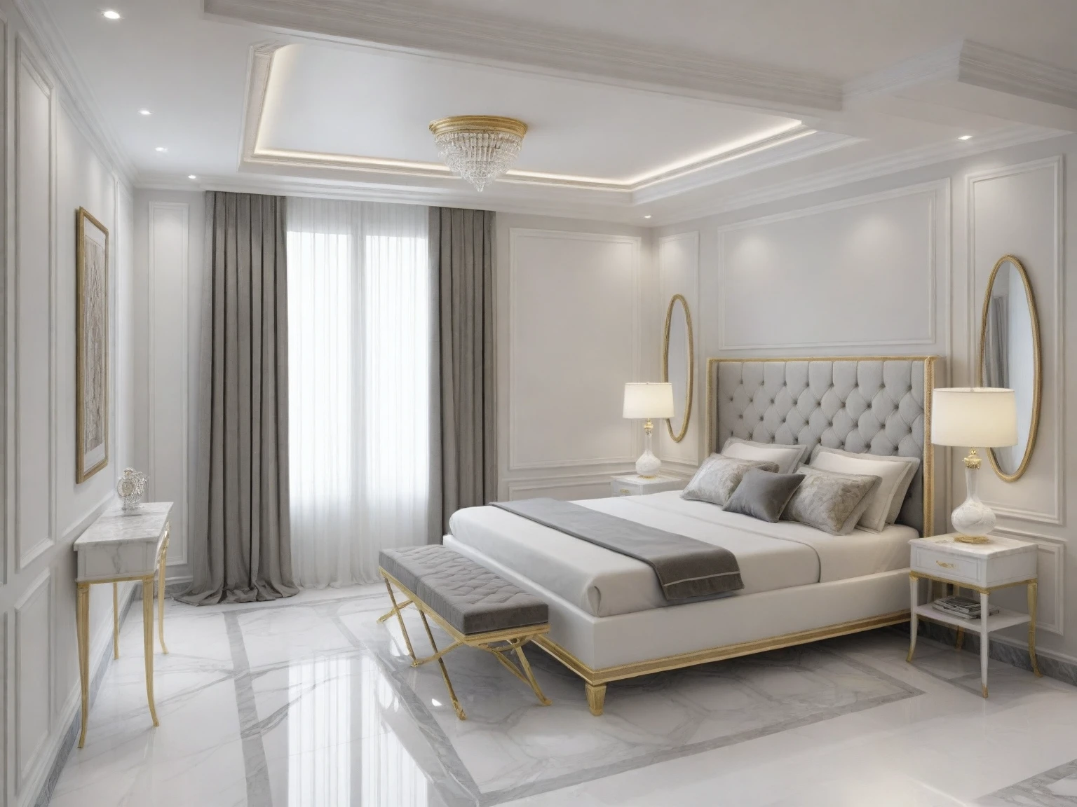 masterpiece, modern ((( bedroom : 1.3 ))) space, luxurious, aristocratic interior design, royal space, ((super detail :1.3))), neoclassical style design, neoclassical interior Modern blend, details, luxurious aristocratic neoclassical kitchen inside, luxurious marble floor, interior illustration, white, gray glossy floor ((1.2)),