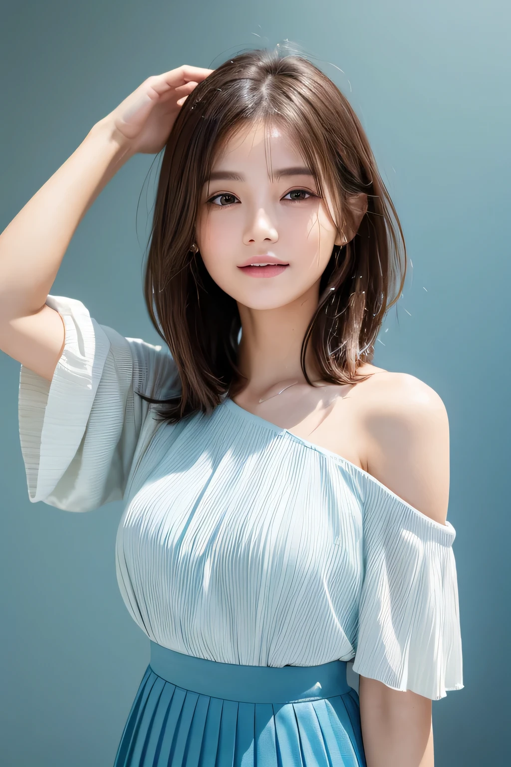 (((Close-up of face)))、(((Brown, Shoulder, Straight short hair)))、(((Behind her is a solid color background、Pose like a model in a beauty salon。.)))、(((Light blue pleated skirt)))、Half Japanese, Half Chinese、1 girl、、Expectations、Light eye makeup、Brown Hair Color、Flat 、Hair blowing in the wind、The quality of an actress、Shiny, Ultra-realistic faces、Smiley Face、Wet eyes、look up、Subtle lighting effects、 Ultra-realistic capture、Very detailed、16k high resolution close-up of human skin。Skin texture must be natural、The details must be clear enough to identify the pores.、Skin Health、The tone of voice must be consistent、Use natural light and color、High-quality images taken by modeling agencies'Dedicated photographer、Smile