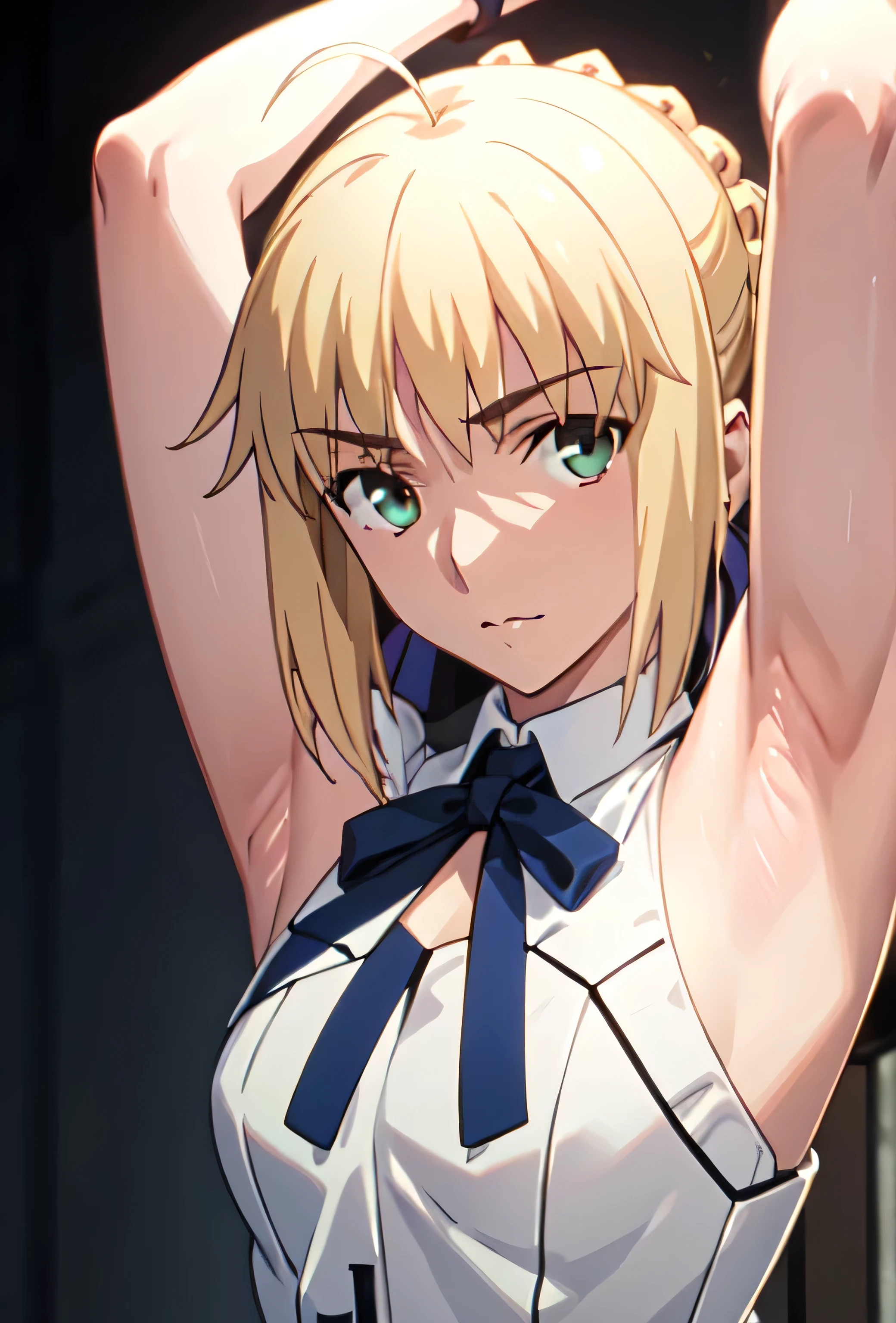 best quality, masterpiece, highres, solo, ((saber_fatestaynightufotable:1.10)), 1girl, white shirt, style parody, neck ribbon, anime coloring, upper body, looking at viewer, anime_style, 9 ,Armpit,cum on Armpit,penis,