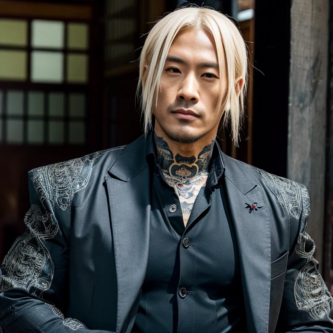 1 man, Japanese man, male, Asian eyes, muscular, broad shoulders, yakuza tattoos, hairstyle Visual Kei style, hair Visual Kei, black men's shirt and black pants, ultra detailed face, hyperrealistic, realistic representation, long hair, long hair, 40 years old, age 40 years, blonde hair