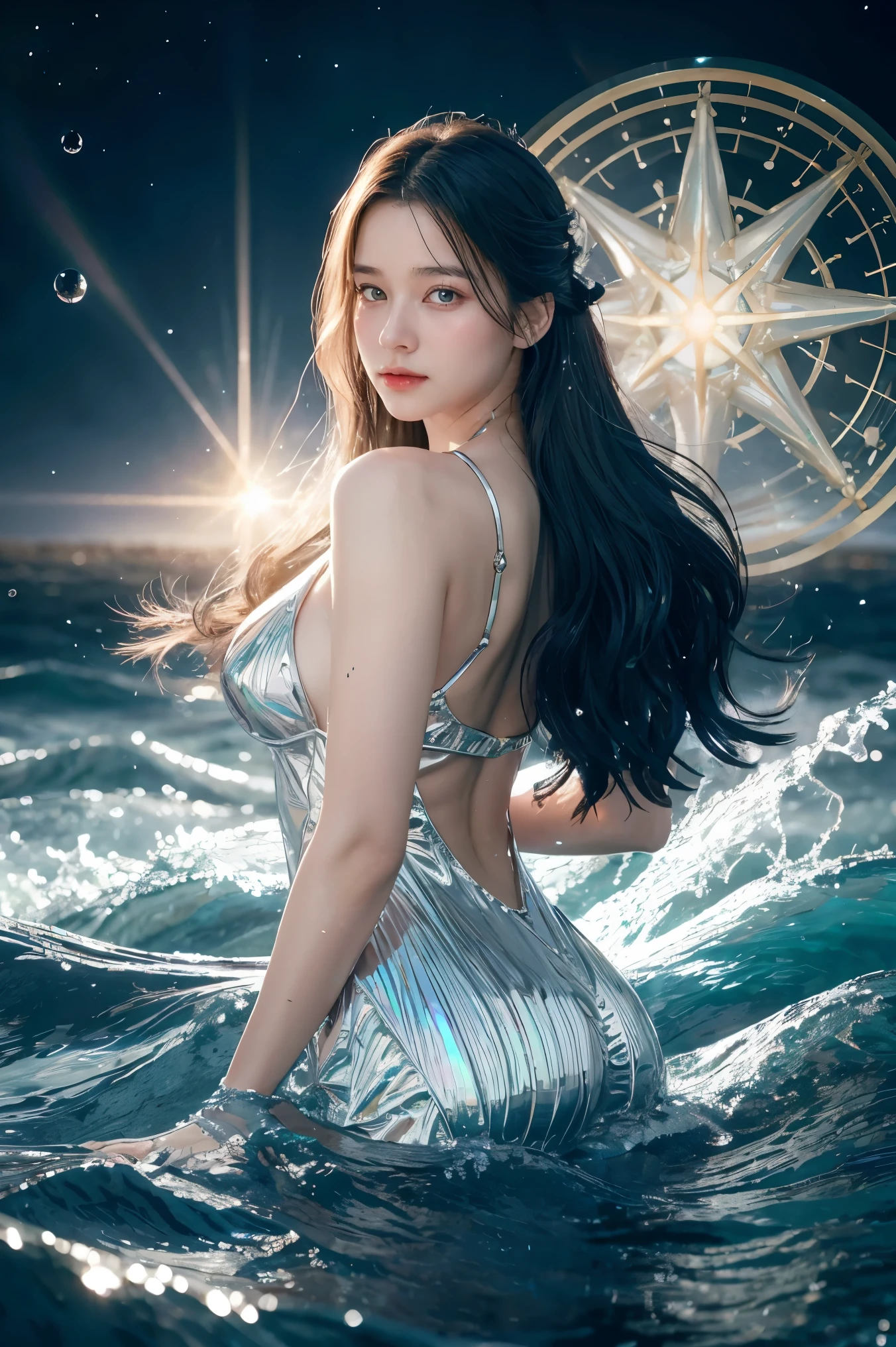 best quality, masterpiece, realistic, adult female, messy [updo|hanging] hair, (full body:0.6), solo, (full body:0.6), looking down, detailed background, detailed face, Sc3pt4, scifi theme:1.1), mercury-wizard, melancholic, surrounded by waves of iridescent silver, alchemical imagery, reflections, silver-colored fluid, metallic sheen, shiny, dynamic pose, fluid movement, floating particles, droplets of mercury, flowing metal, blending mercury, foreign planet in background, dripping mercury formations, volumetric lighting, cinematic atmosphere, sharp details, high detail skin, realistic skin texture, perfect eyes, white dress,