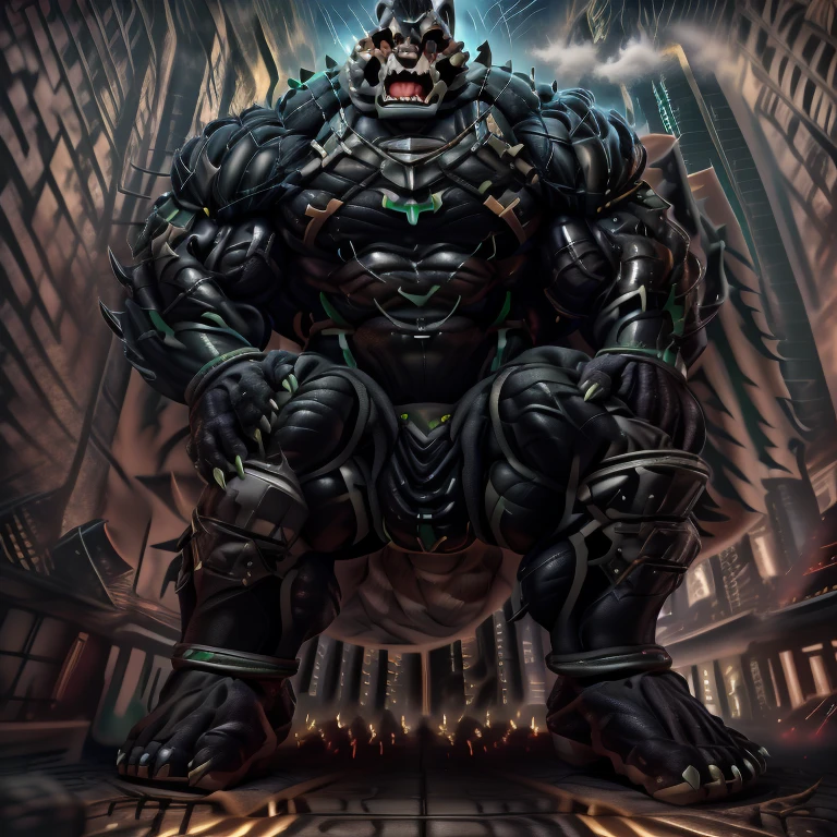 Monomasa (masterpiece. official art. 8k. best quality. detailed full body. full body.)
(situation 1 : dominating Monomasa. Monomasa is over 1000 meters long. focus GIANT mechanical Muscular Monomasa is trampling the city. Looking down. macro. stomp. Low-angle perspective. emphasizing the immense size.)
(situation 2 : A giant Monomasa is destroying the city with an angry expression. He is screaming.)

(Additional details 2: Detailed head. Detailed Body. Detailed abs. gigantic muscles. HYPER MUSCLES. Gigachad Muscular. big muscle. pecs. triceps. traps. unusually developed muscular body. body full of huge muscles. showing off muscles. pectorales enormes. Exaggeratedly huge muscles. huge muscles. long legs. bulk up.).
(An arrogant expression. smile at the corner of your mouth.)


(Additional details 3: nj5furry, Spread wings. It has wings. black have big wings. The claws are sharp. Sharp teeth.5 toes.).  
(Additional details 4: black color hyper penis. hyper black penis. big penis) 

(He is laughing defiantly. An arrogant expression. smile at the corner of your mouth. looking at viewer. )
muscular, detailed eyes, black pupils, green eyes, red sclera, yellow eyeshadow, wolf tail