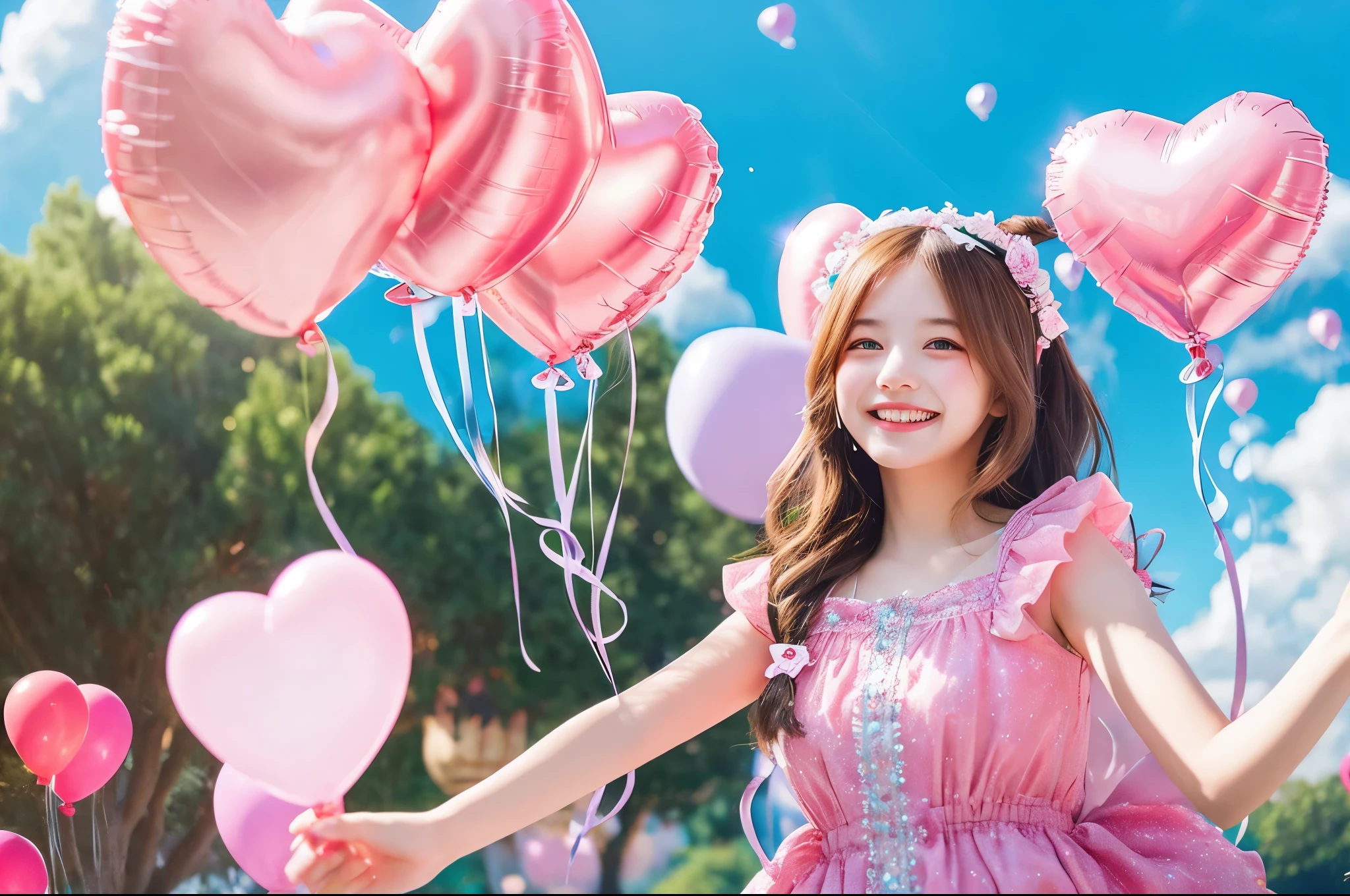 (8K, highest quality, masterpiece: 1.2), Super detailed, super resolution, a beautiful girl, (huge Laughing:1.1), Cute pink background, Heart-shaped balloons, Lots of hearts
, Pink glowing three-dimensional heart on background、