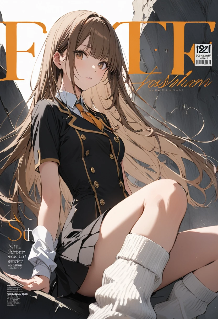 (cover of a fashion magazine),(favorite posing),(1 Highschool gal,uniform,slim,small breasts,long brown straight hair,Side bangs,Slope_eye),(loose socks),break,conceptual art, masterpiece, Super Detail, Attention to detail, high quality, highest quality, High resolution