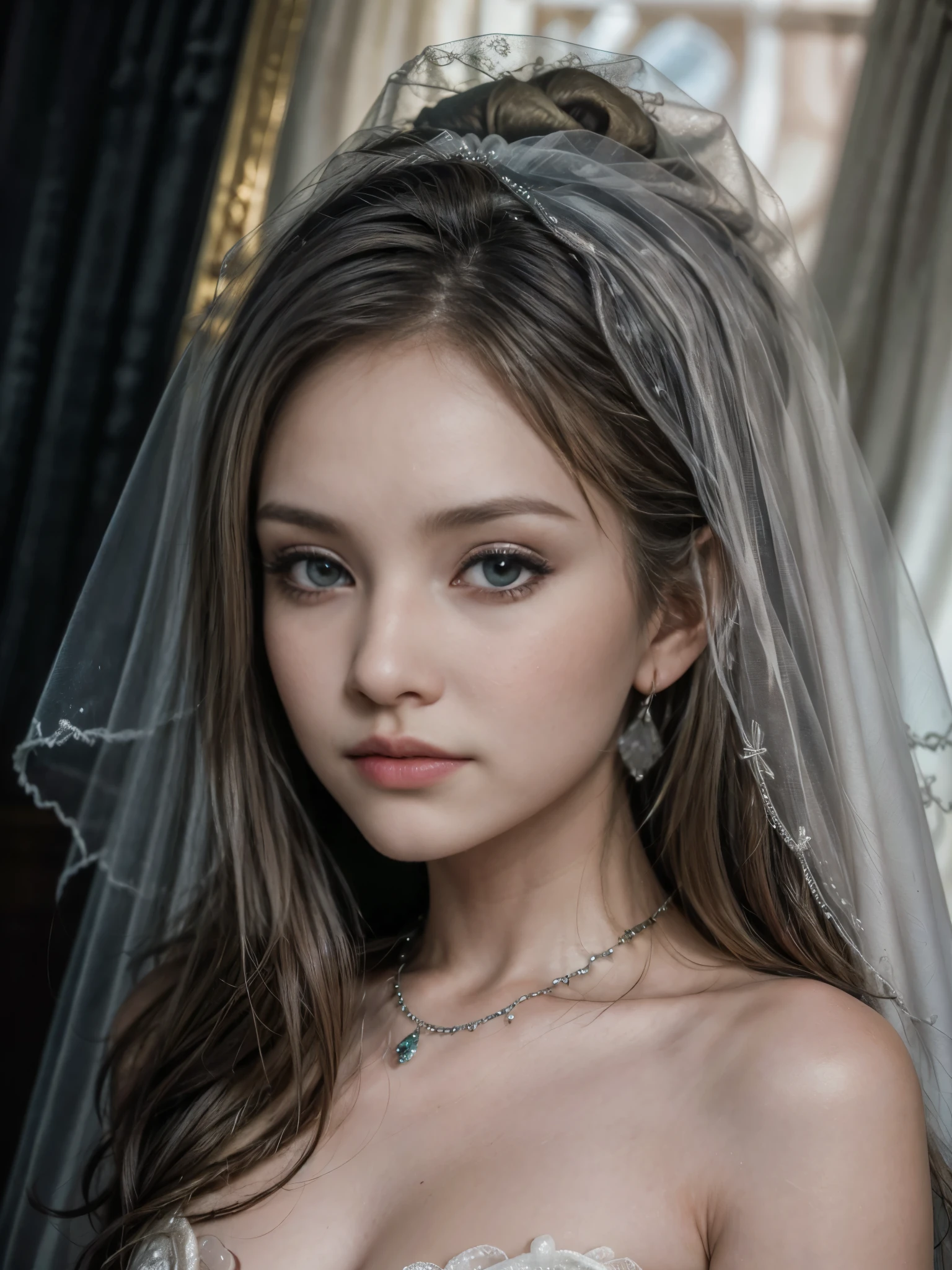 (Masterpiece), best quality, highest quality, highly detailed CG unity 8k wallpaper, original, high resolution, (depth of field: 1.5), fidelity: 1.3, breasts, bride portrait style, 1 girl, curtains, veil , bridal veil, wedding dress, curtains, jewelry, solo, earrings, teeth, bride, black_hair, desi