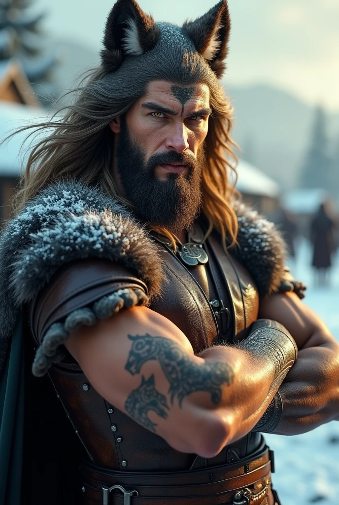 Araffe com barba e barba ao lado de um urso, Retrato pintado de Odin acidentado, Tuomas Korpi e Wlop, arte do personagem do motor irreal, Retrato pintado de Zeus acidentado, Amazing 8K character concept art, Retrato de Zeus acidentado, fur-clad barbarian goliath, Retrato de fin wildcloak, imagem de um guerreiro masculino adulto, Arte de fantasia 8k, Scars, Cicatrizes, cicatrizes no rosto