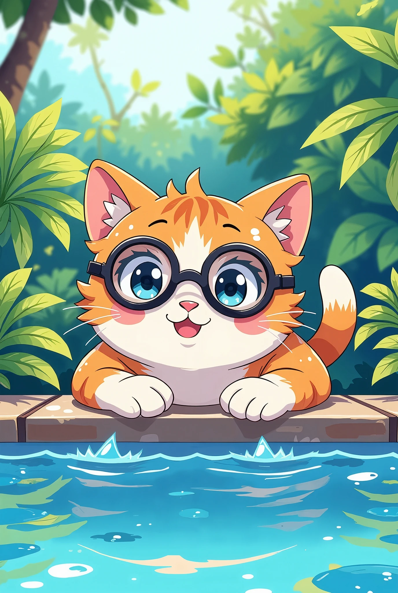 A cat wearing goggles is lying on the edge of an outdoor swimming pool, with its front paws hanging over and holding onto the side. The background features lush plants and blue water, creating a bright atmosphere. It has a close-up shot, flat illustrations, and a simple color scheme. The cat is depicted in the style of Japanese anime,kidz