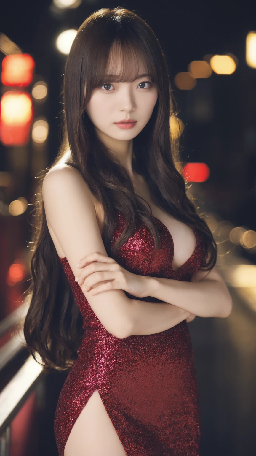 1girl,(wearing a red glittery evening mini dress:1.2),(RAW photo, best quality), (realistic, photo-realistic:1.4), masterpiece, an extremely delicate and beautiful, extremely detailed, 2k wallpaper, Amazing, finely detail, extremely detailed CG unity 8k wallpaper, ultra-detailed, highres, soft light, beautiful detailed girl, extremely detailed eyes and face, beautiful detailed nose, beautiful detailed eyes,cinematic lighting,city lights at night,slender body,(long hair with bangs), big breast:1.3, full body:1.4, crossed arms