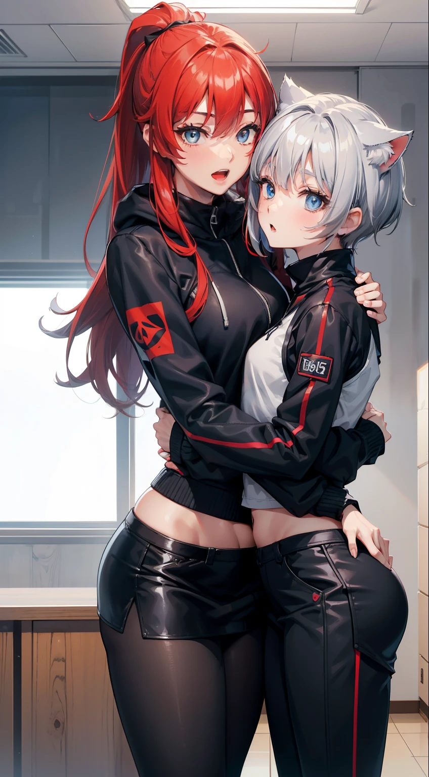(masterpiece), (best quality), (High quality), (perfect anatomy), (score_9,score_8_up,score_7_up),
two girls, hugging each other, japanesse classroom background, upper body, cowboy shot
BREAK
first girl: on left side, ((short height)), (156cm height), grey cat ears, (medium hair, grey hair, pixie cut), ((blue eyes)), happy eyes, detailed eyes, cat smile, open mouth, slim bulid, black sleeveles hoodie, black and red checkered miniskirt, black stockings, sneakers
BREAK
second girl: on right side, ((very tall height)), ((190cm height)), (very long hair, red hair, long ponytail), ((red eyes)), calm eyes, detailed eyes, suprise mounth, slim bulid, well-bulid body, leather motocycle jacket, black pants, black vans